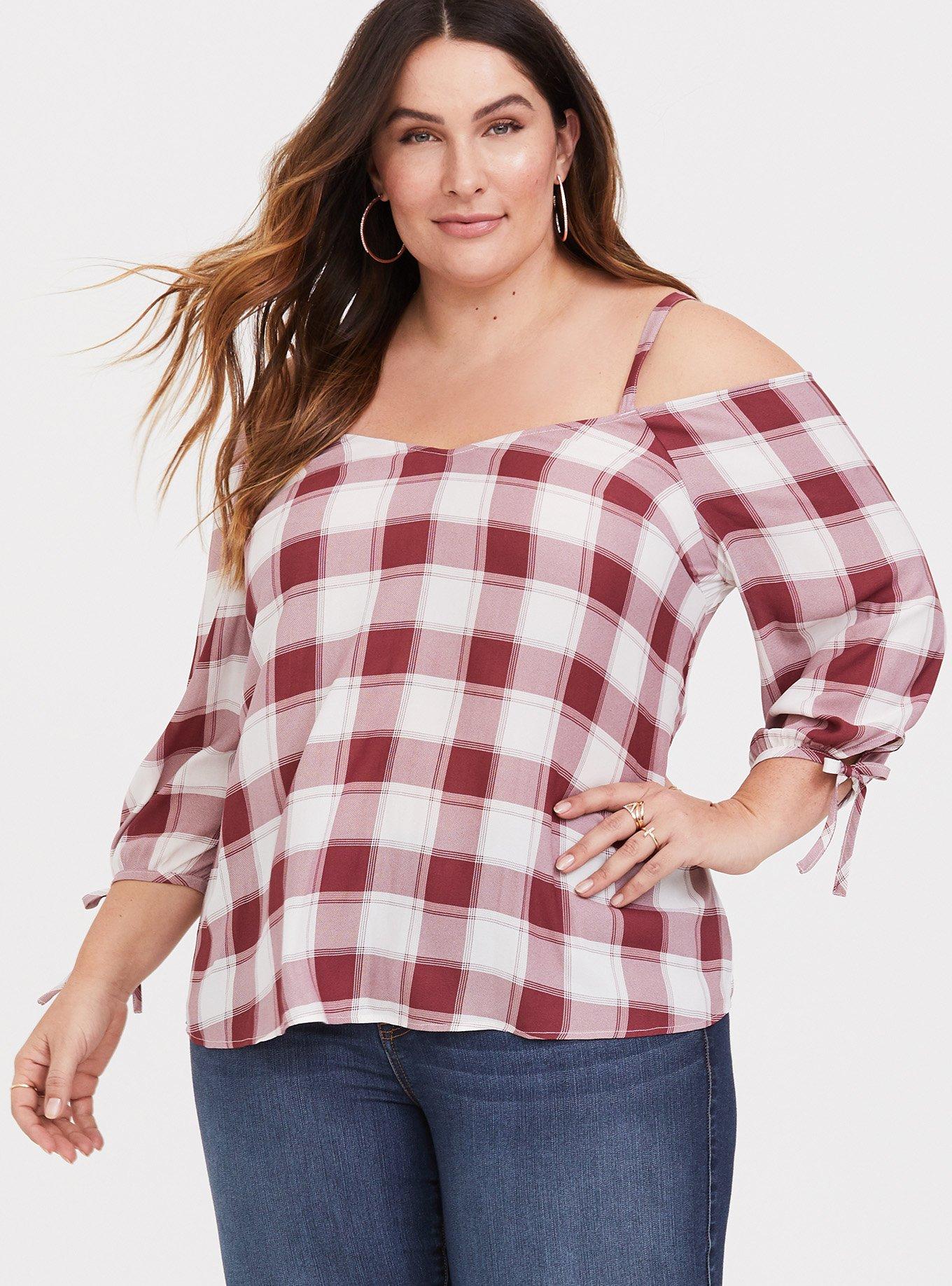 Red Plaid Crepe Cold Shoulder Blouse, LINED PLAID, hi-res