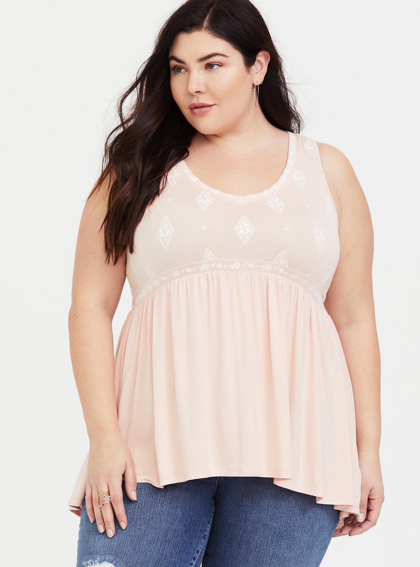 Plus Size Blush Pink Embroidered Babydoll Tank, , hi-res
