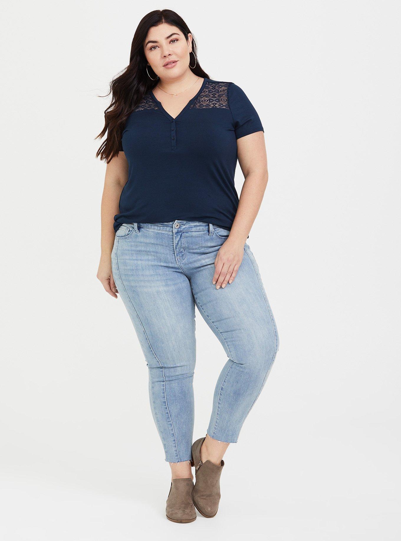 Plus Size - Super Soft Blue Lace Yoke Tee - Torrid