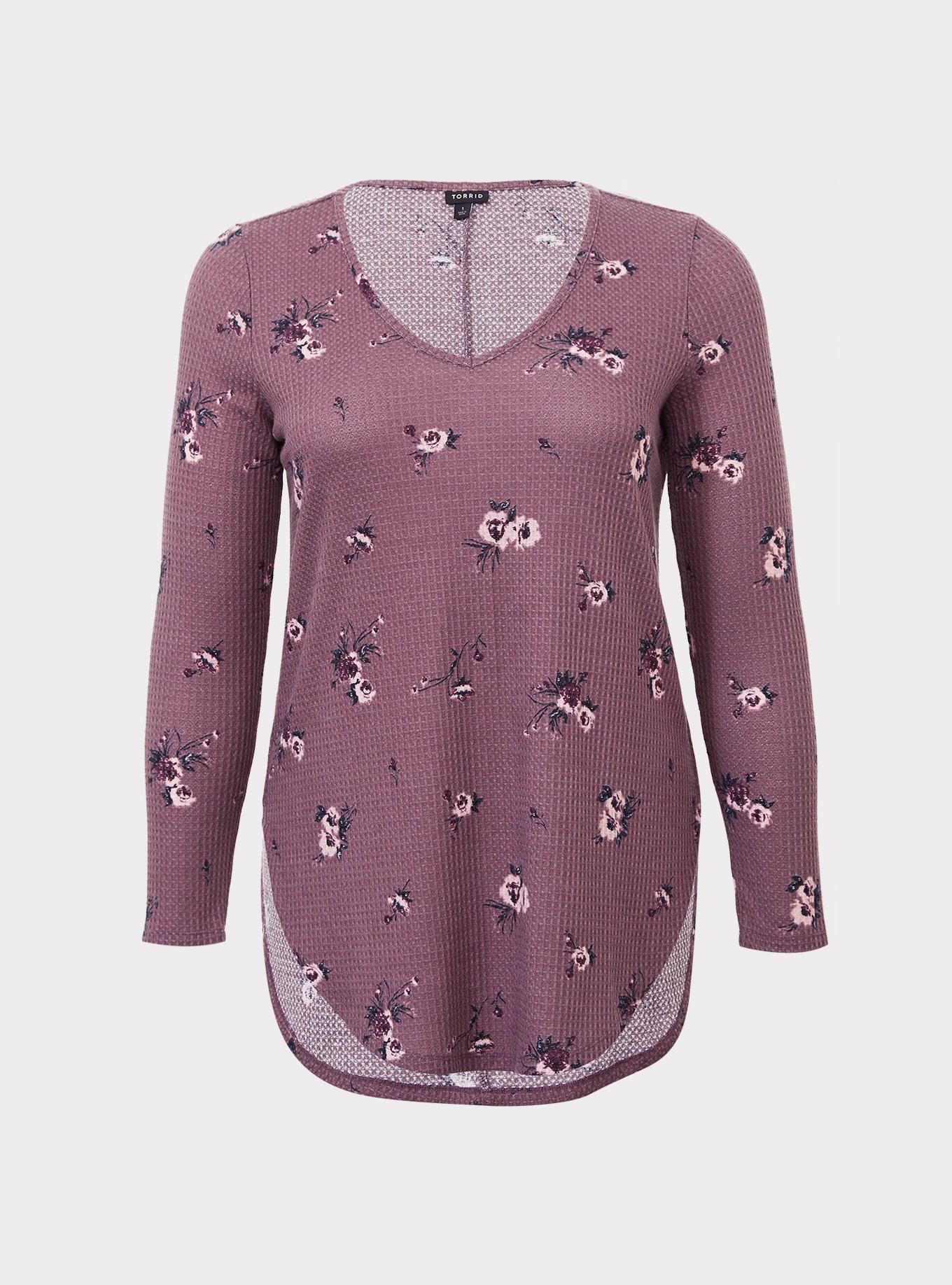 Plus Size Mauve Purple Floral Long Sleeve V-Neck Tee, , hi-res