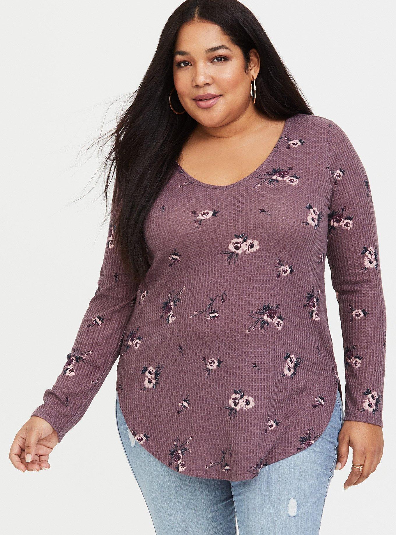 Plus Size Mauve Purple Floral Long Sleeve V-Neck Tee, , hi-res