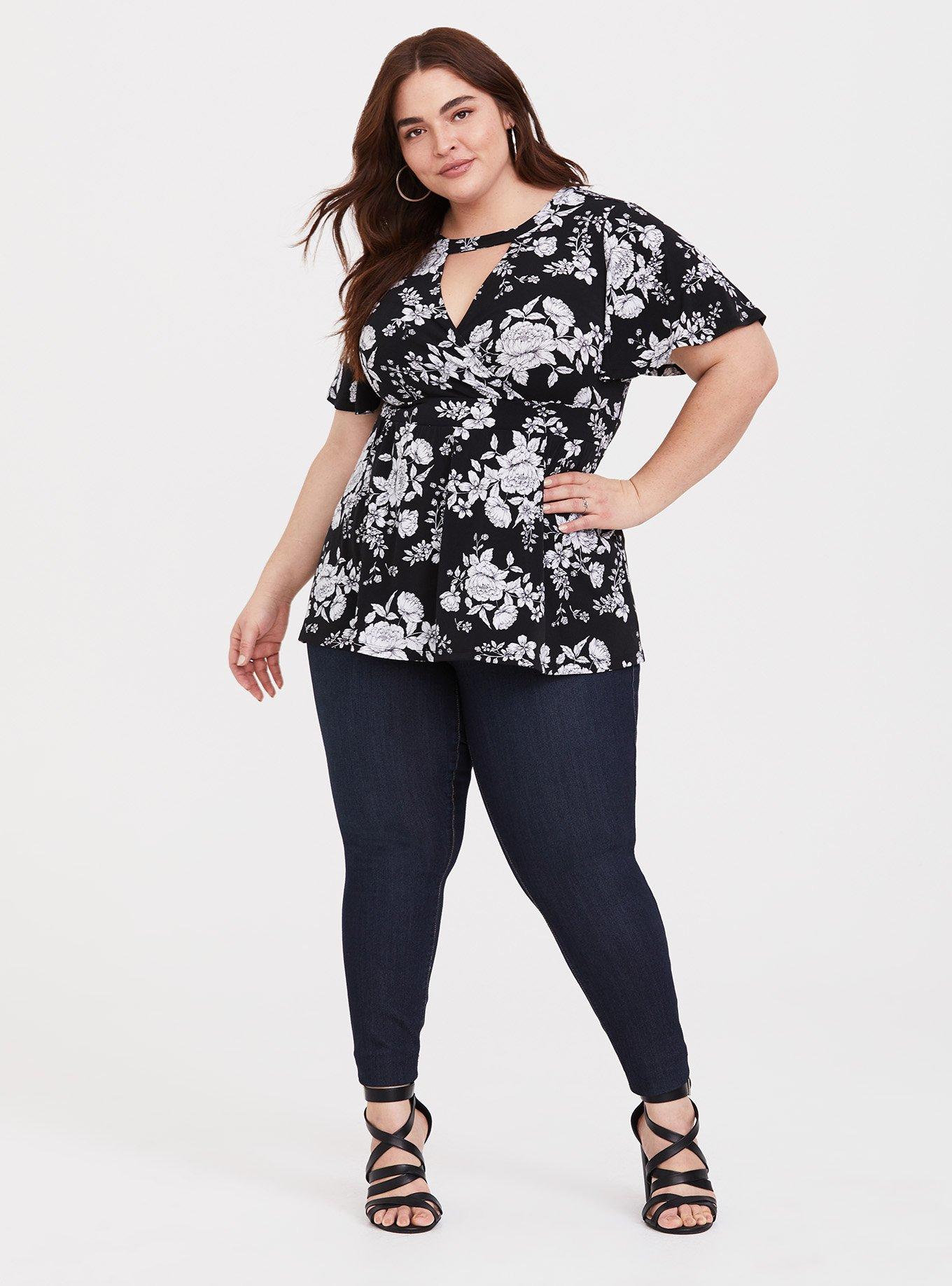 Plus Size - Black Floral Studio Knit Babydoll Top - Torrid