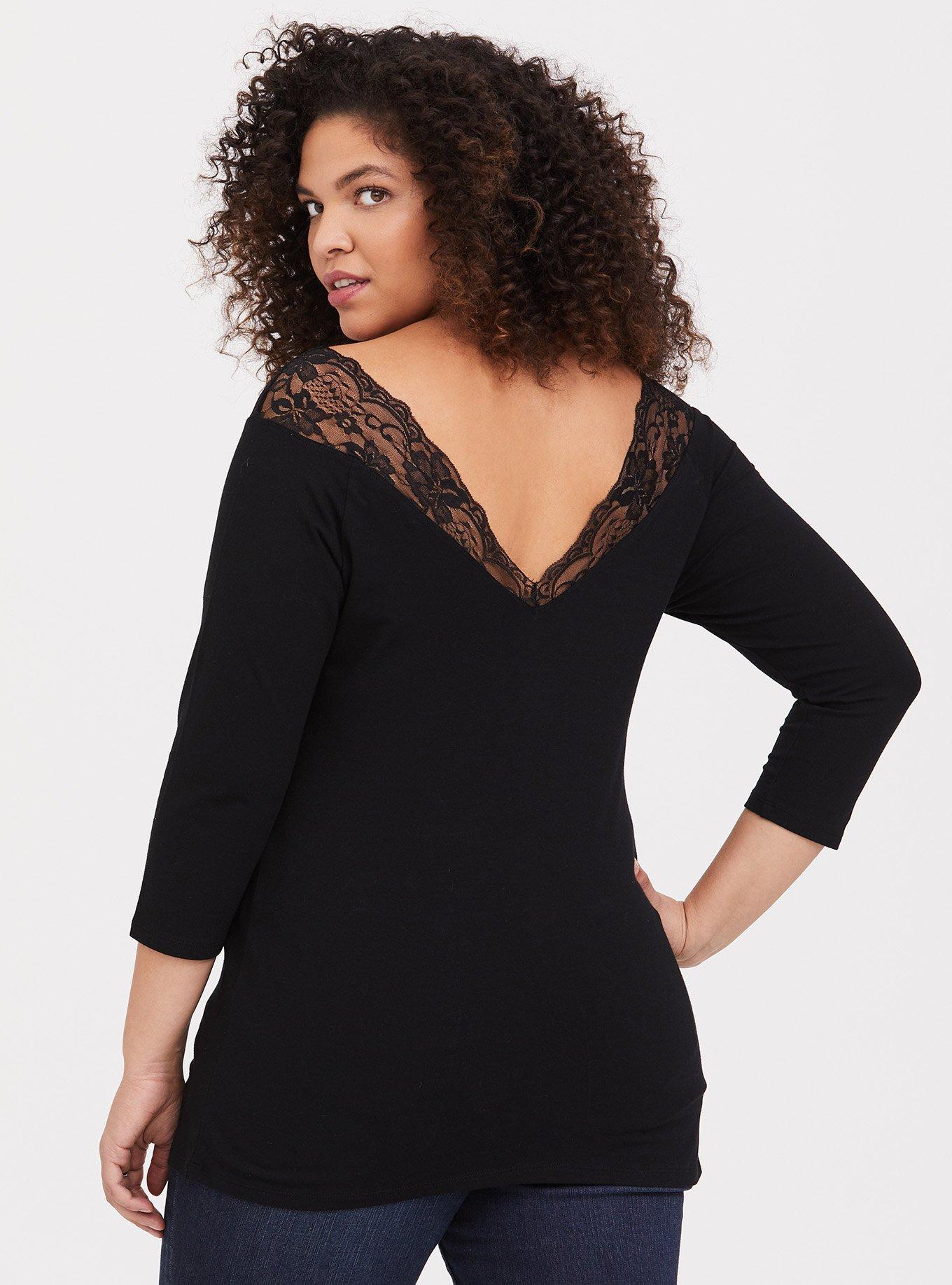 Foxy Lace Trim V-Neck Tee, DEEP BLACK, alternate