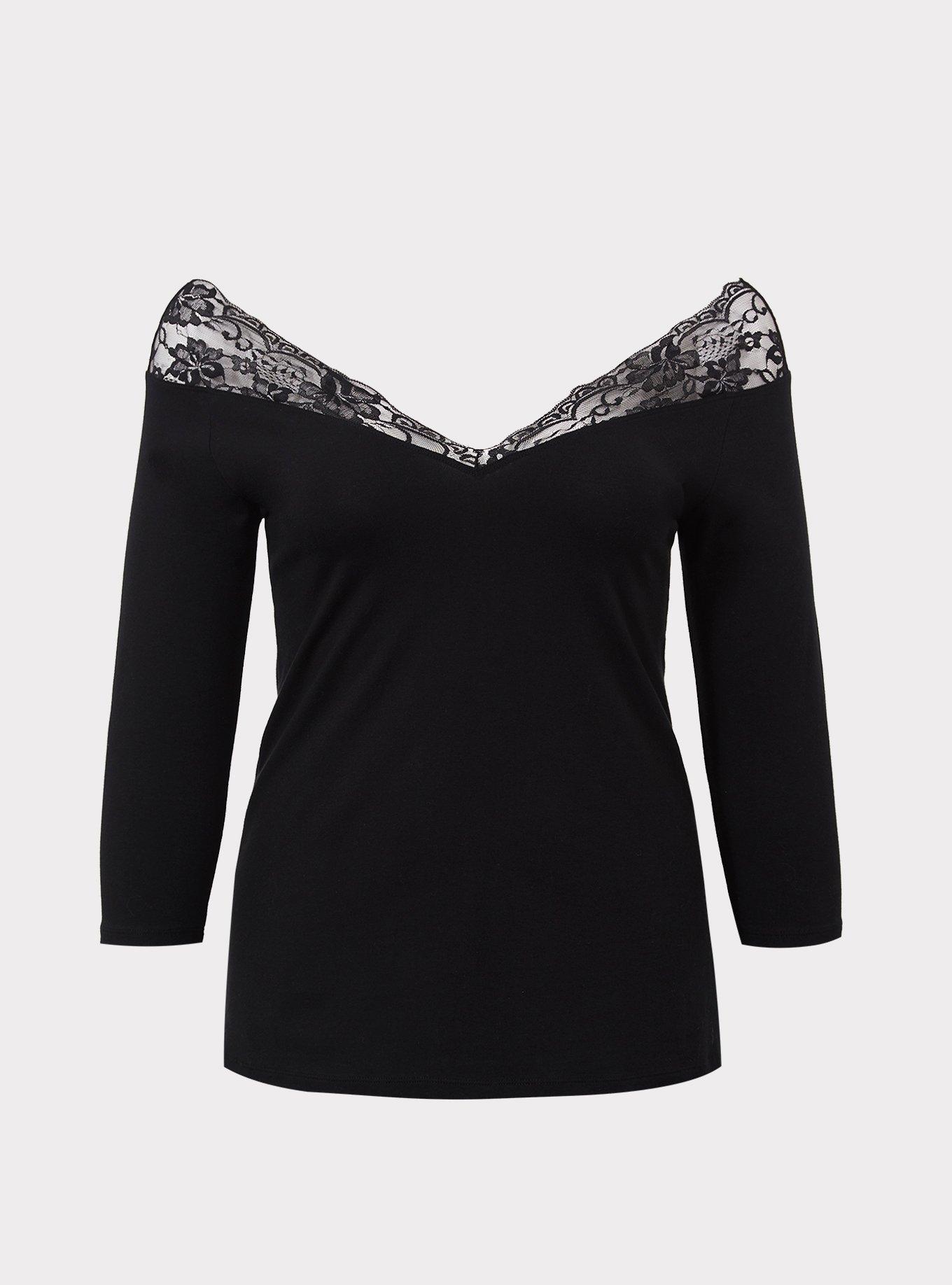 Foxy Lace Trim V-Neck Tee, DEEP BLACK, hi-res