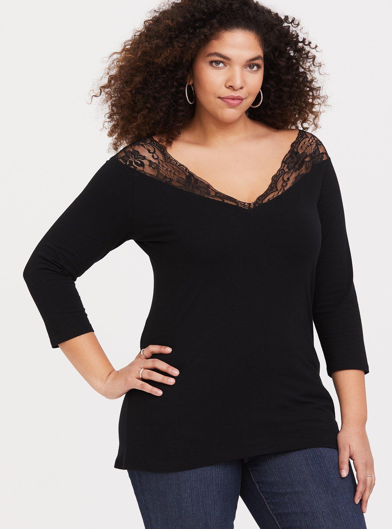 Foxy Lace Trim V-Neck Tee, DEEP BLACK, hi-res