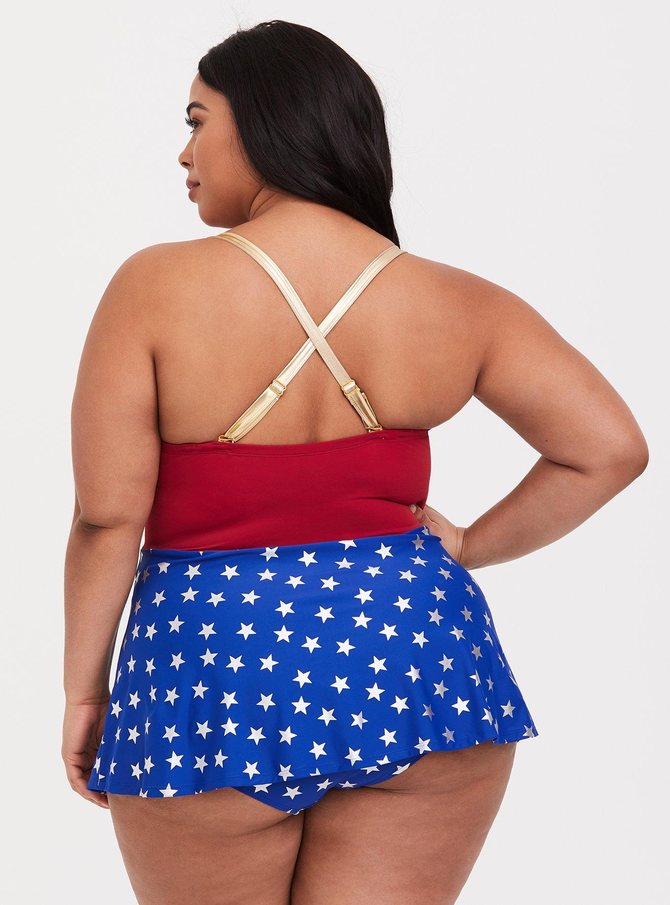 TORRID : Wonder Woman Red & Gold Star Wireless One-Piece Swimsuit