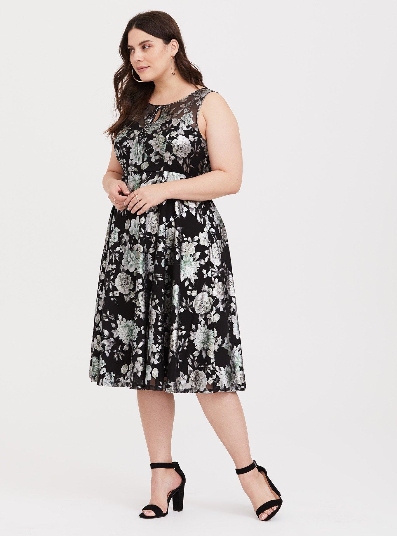 Retro Chic Floral Illusion Midi Skater Dress, FLORAL, alternate