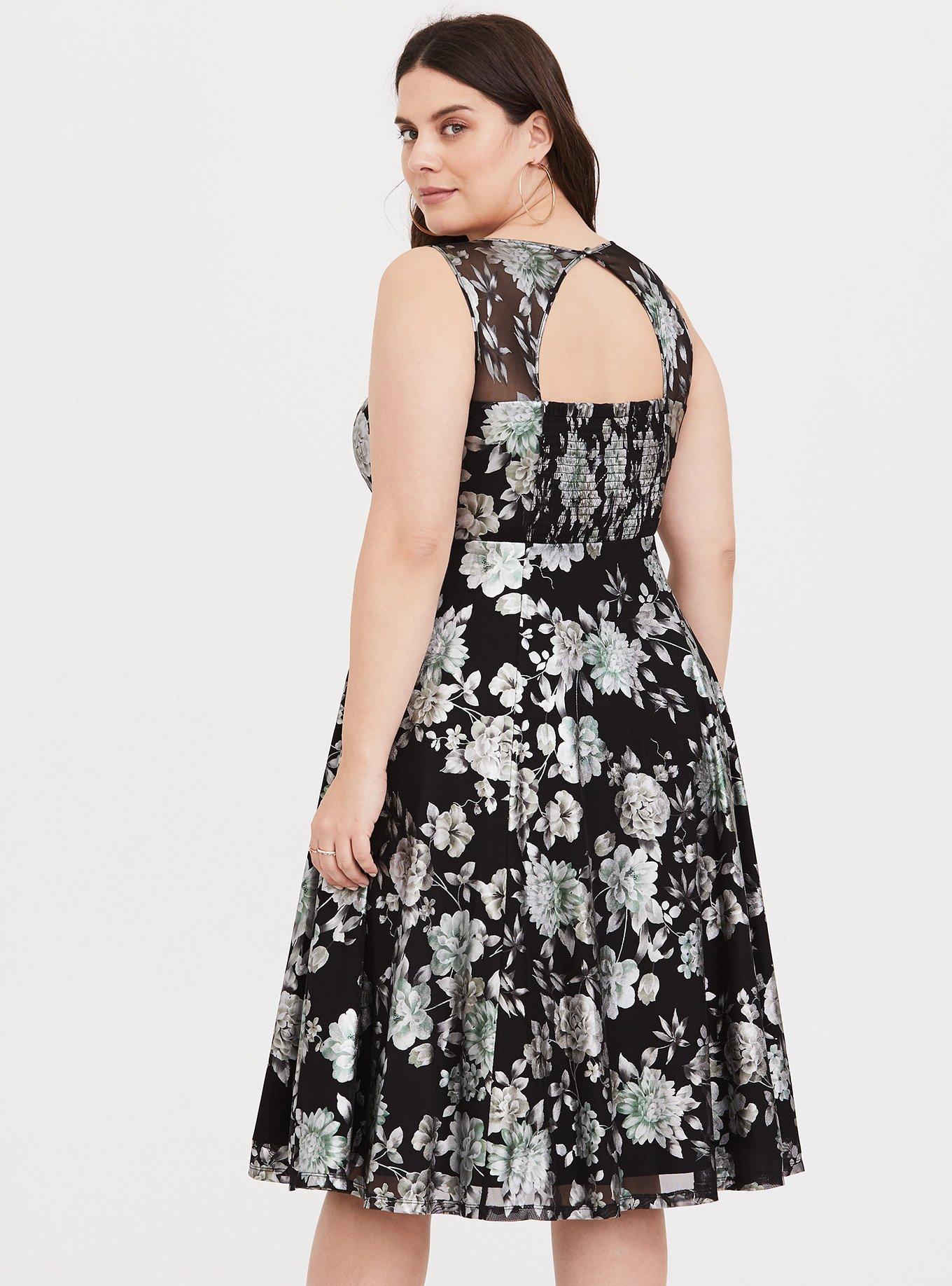 Retro Chic Floral Illusion Midi Skater Dress, FLORAL, alternate