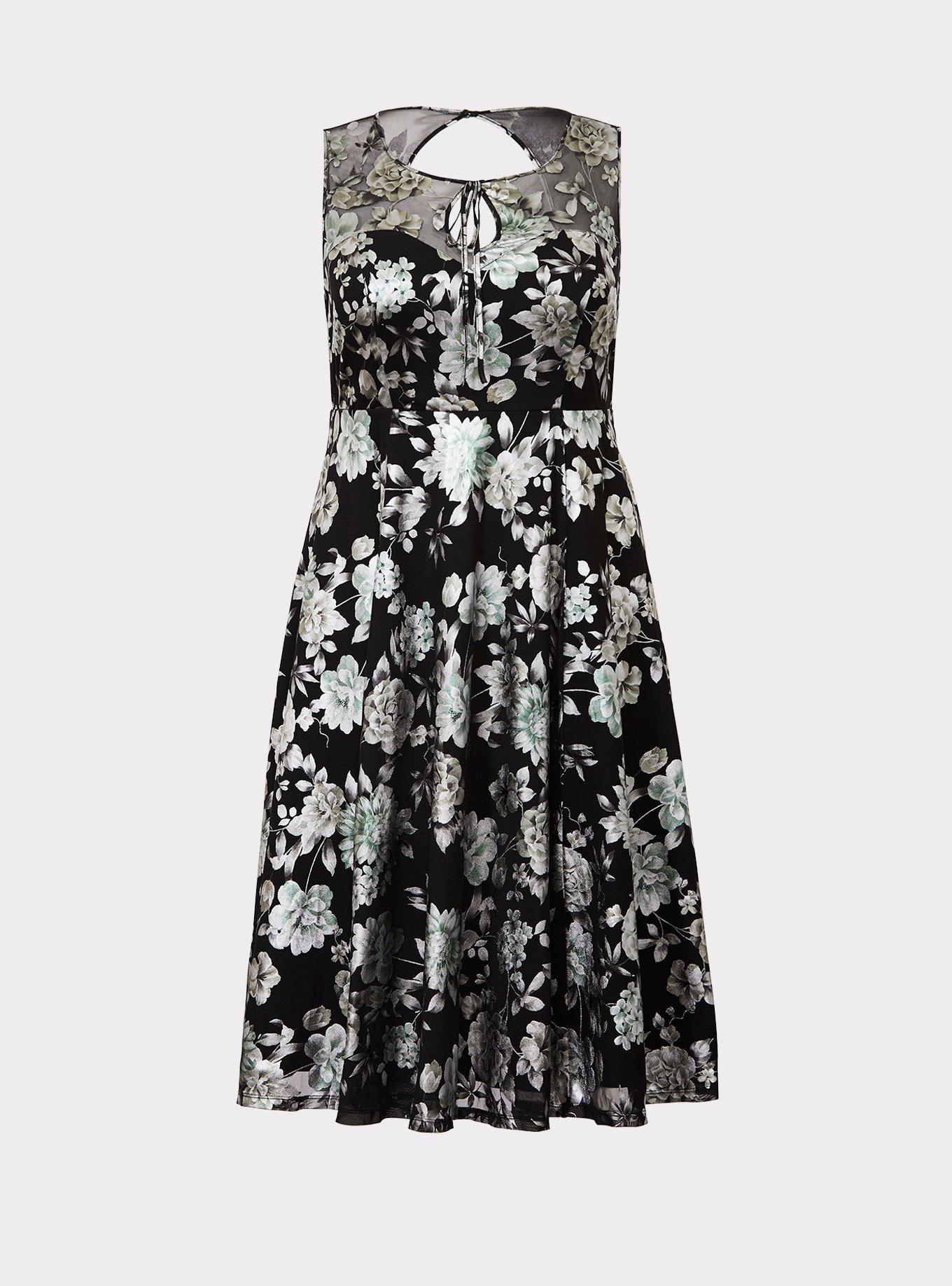 Retro Chic Floral Illusion Midi Skater Dress, FLORAL, hi-res