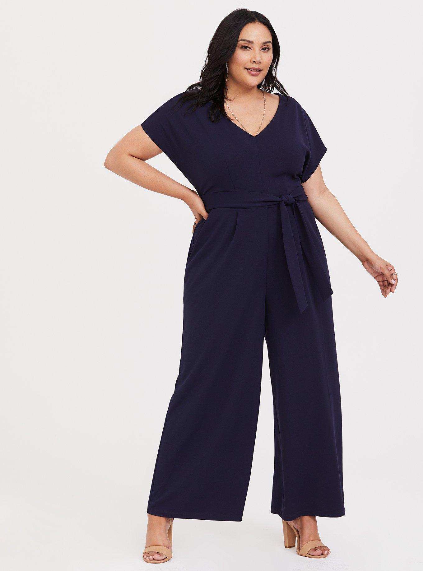 plus size dress jumpsuits Unique Vintage Navy Blue Wide Leg Jumpsuit Maggie Barrel Leg Linen Blend