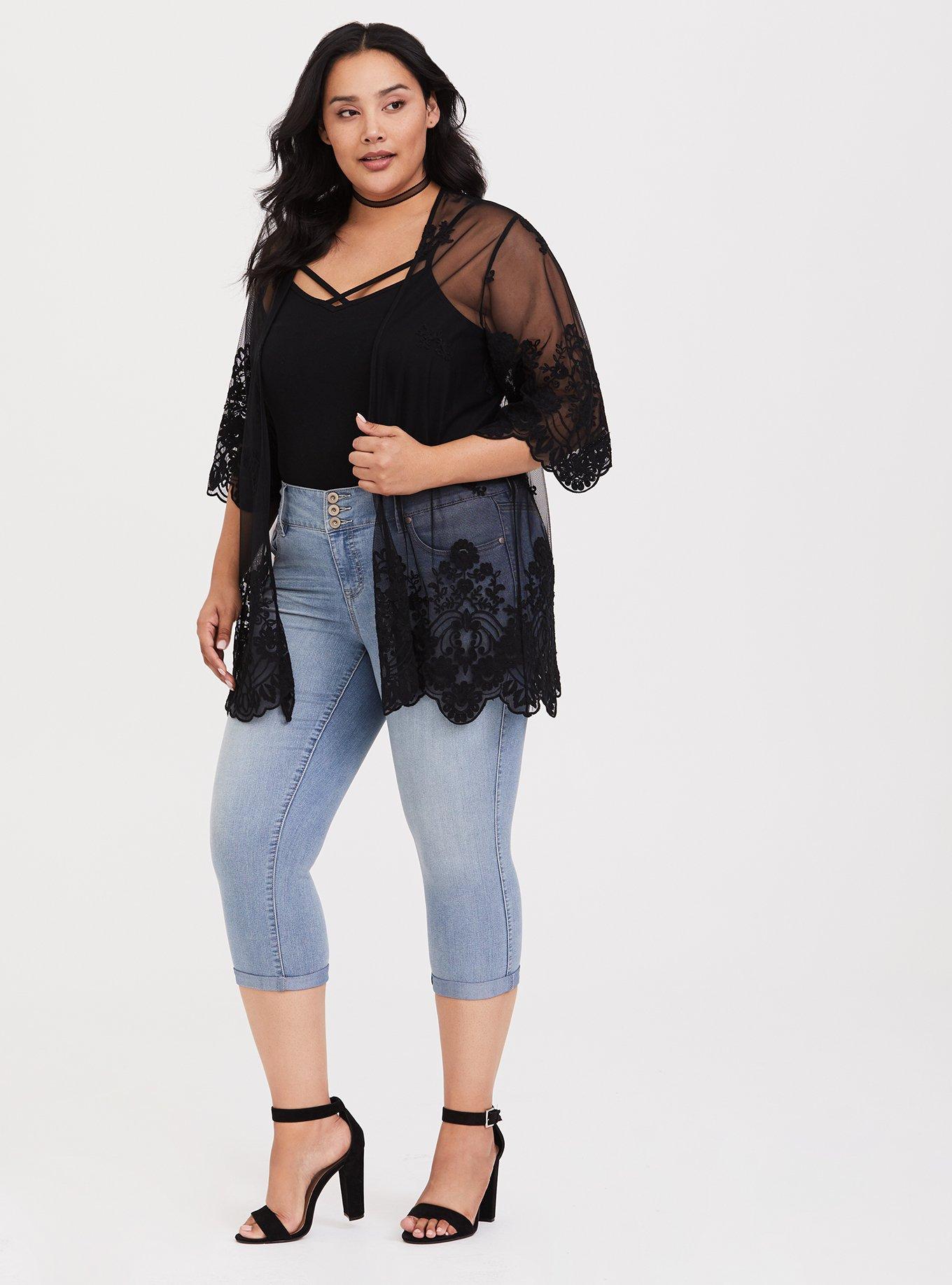 Plus Size - Black Embroidered Skull Kimono - Torrid