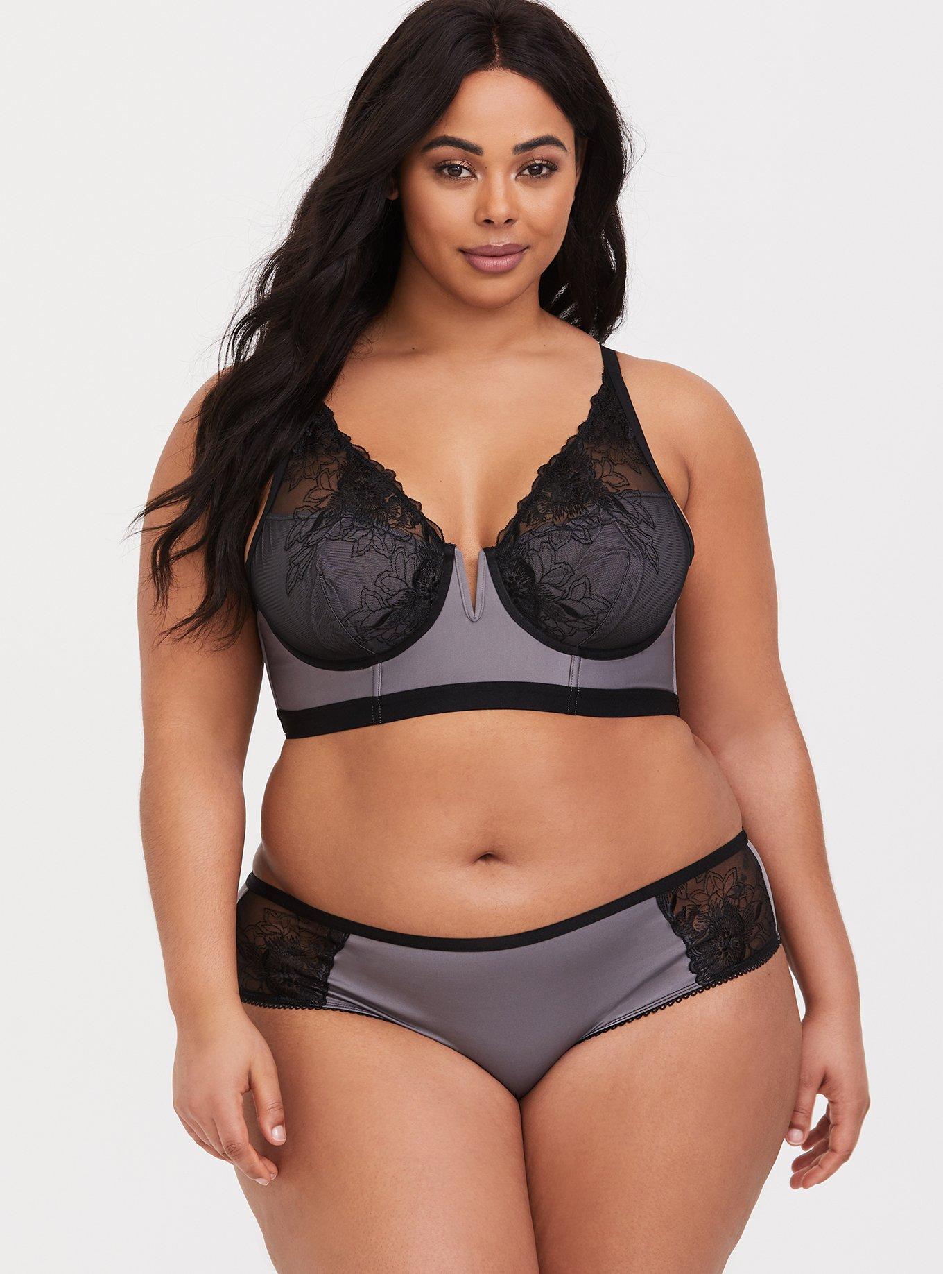 Plus Size Grey Embroidered Microfiber Hipster Panty, DARK PEARL GREY, alternate