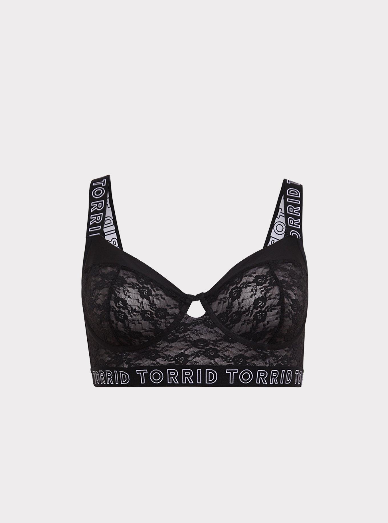 Torrid Logo Black Lace Unlined Longline Underwire Bralette, , hi-res