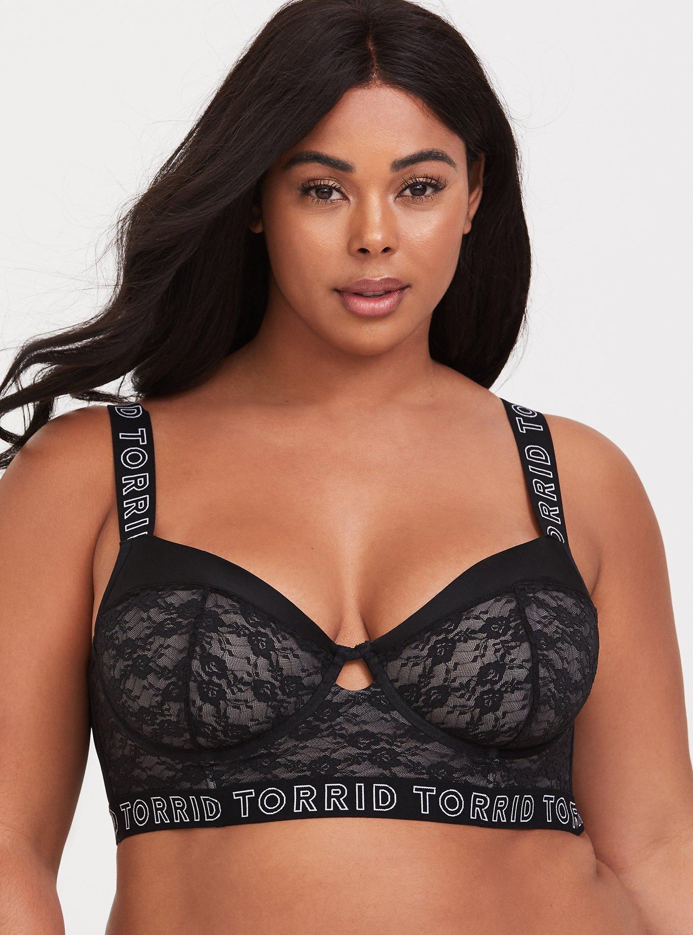 Torrid Logo Black Lace Unlined Longline Underwire Bralette, , hi-res