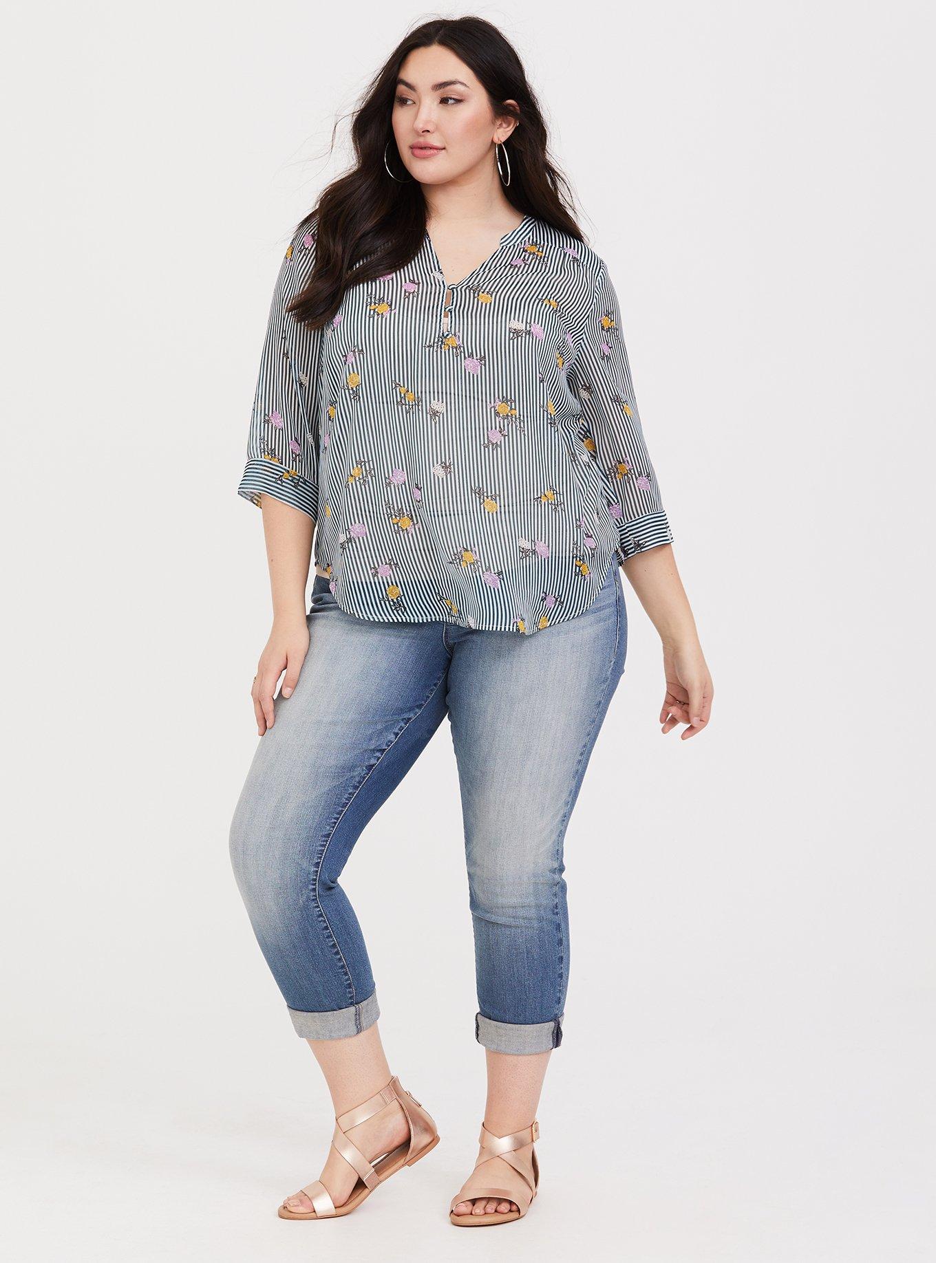 Plus Size Harper Lurex Chiffon Pullover 3/4 Sleeve Blouse, DITSY BREEZE STRIPE, alternate
