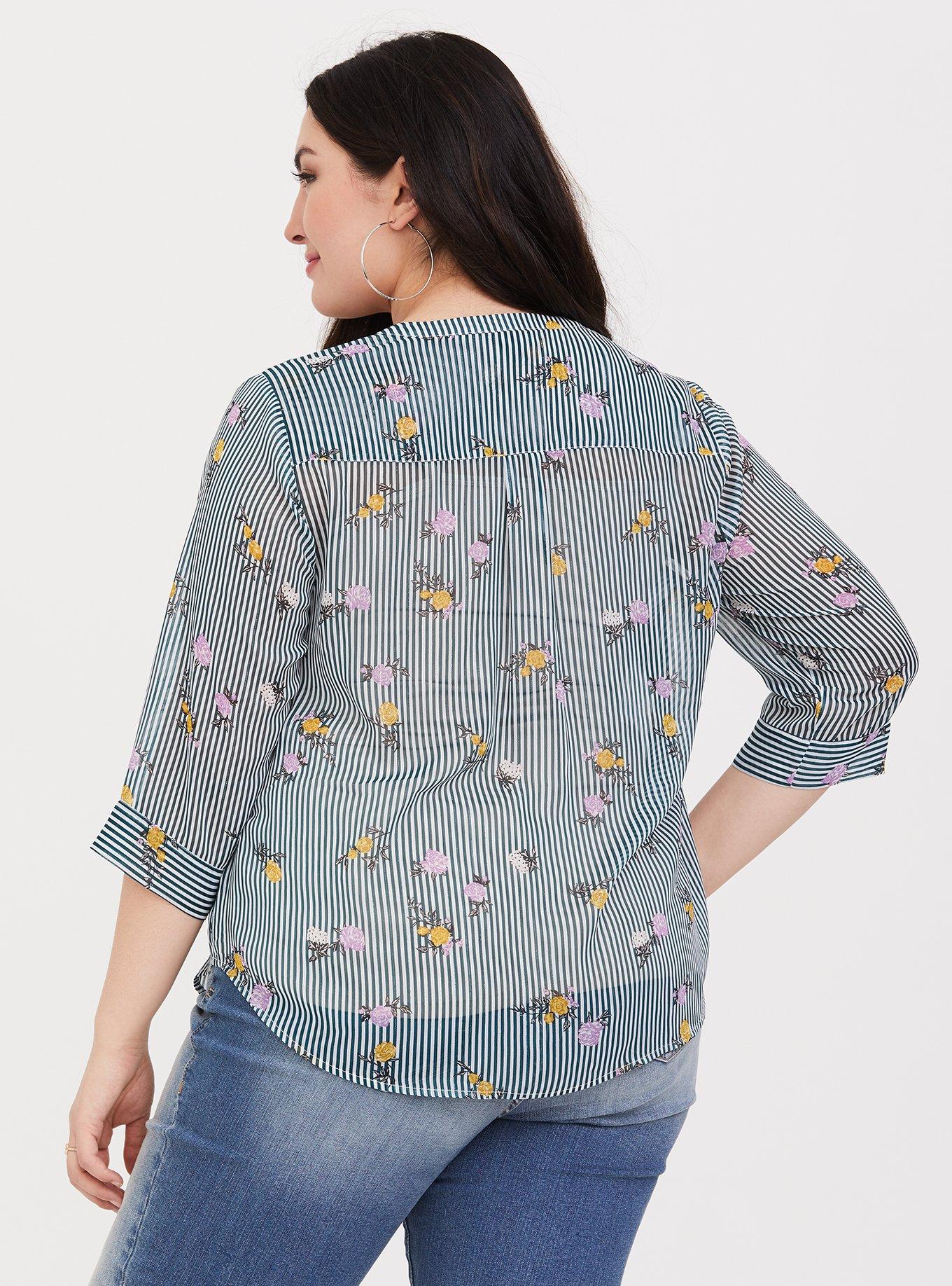 Plus Size Harper Lurex Chiffon Pullover 3/4 Sleeve Blouse, DITSY BREEZE STRIPE, alternate