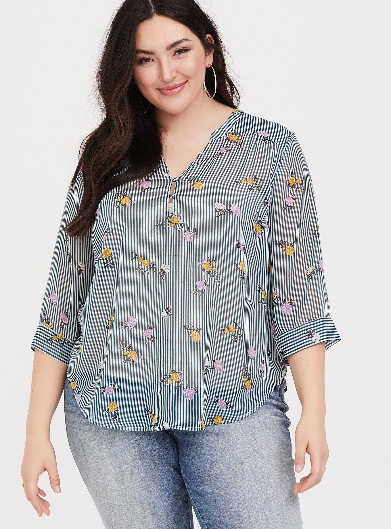 Plus Size Harper Lurex Chiffon Pullover 3/4 Sleeve Blouse, DITSY BREEZE STRIPE, hi-res