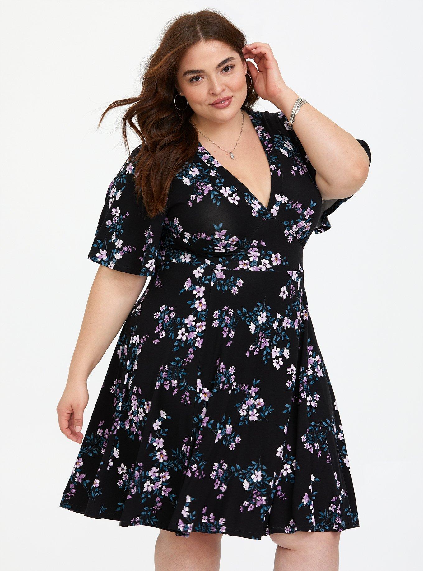 Plus Size - Black Floral Jersey Skater Dress - Torrid