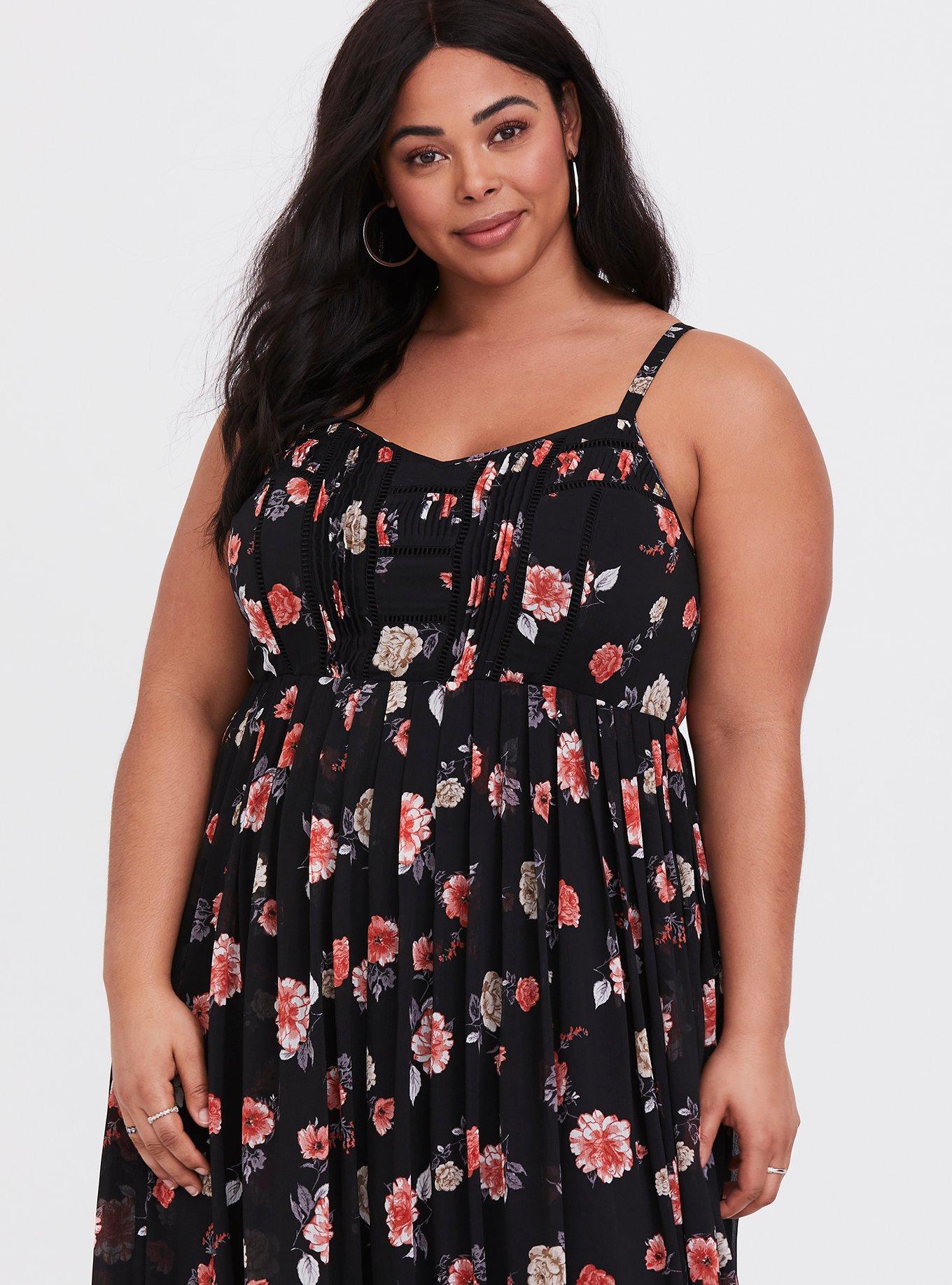 Plus Size - Black Floral Pleated Chiffon Maxi Dress - Torrid