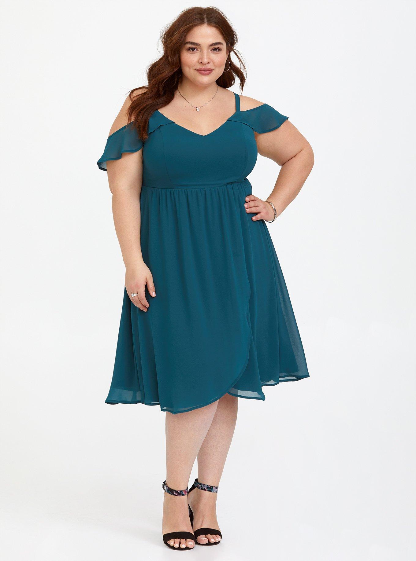 Plus Size Mini Chiffon Cold Shoulder Dress, , hi-res