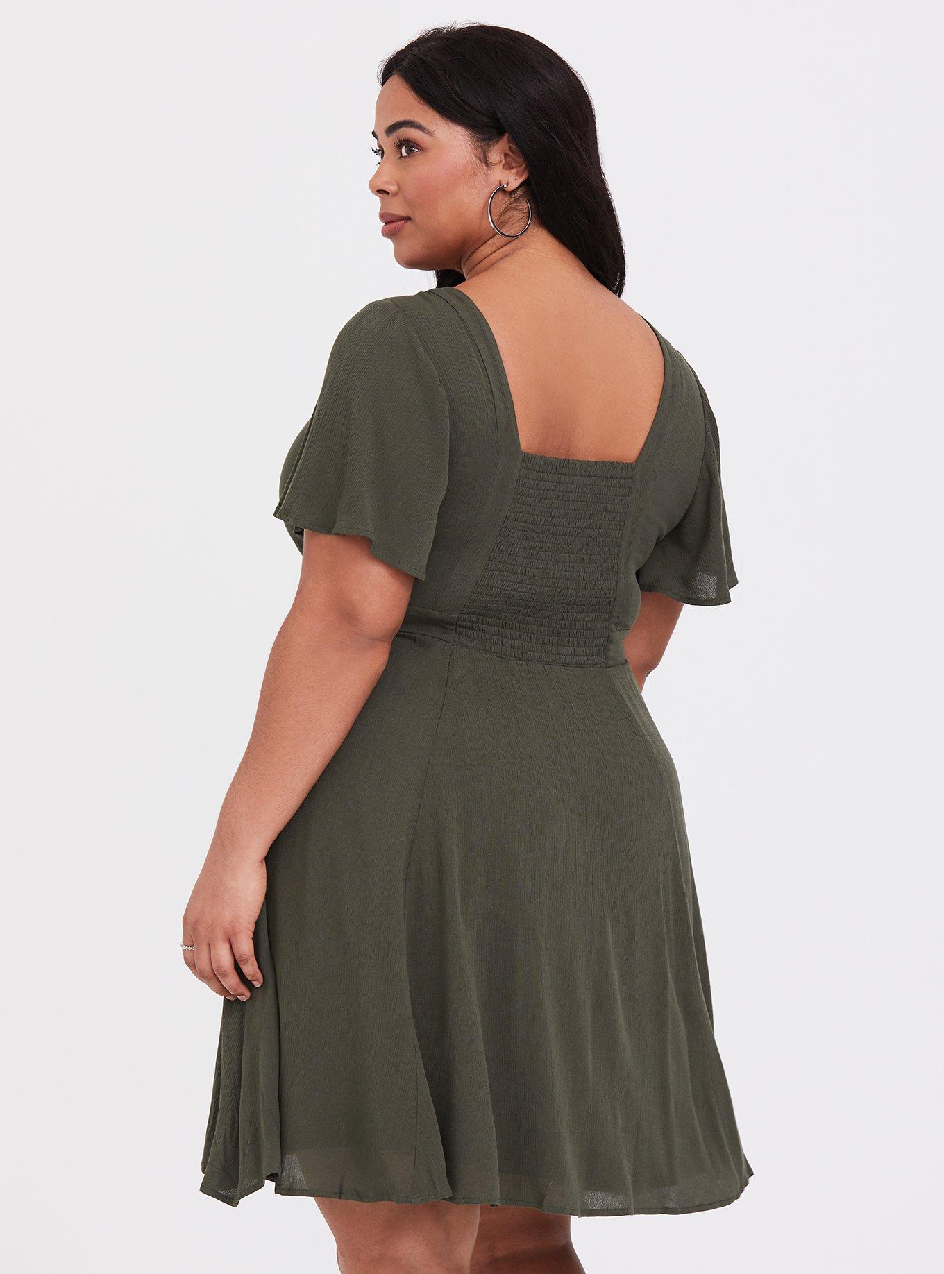 Plus Size - Olive Gauze Flutter Sleeve Skater Dress - Torrid