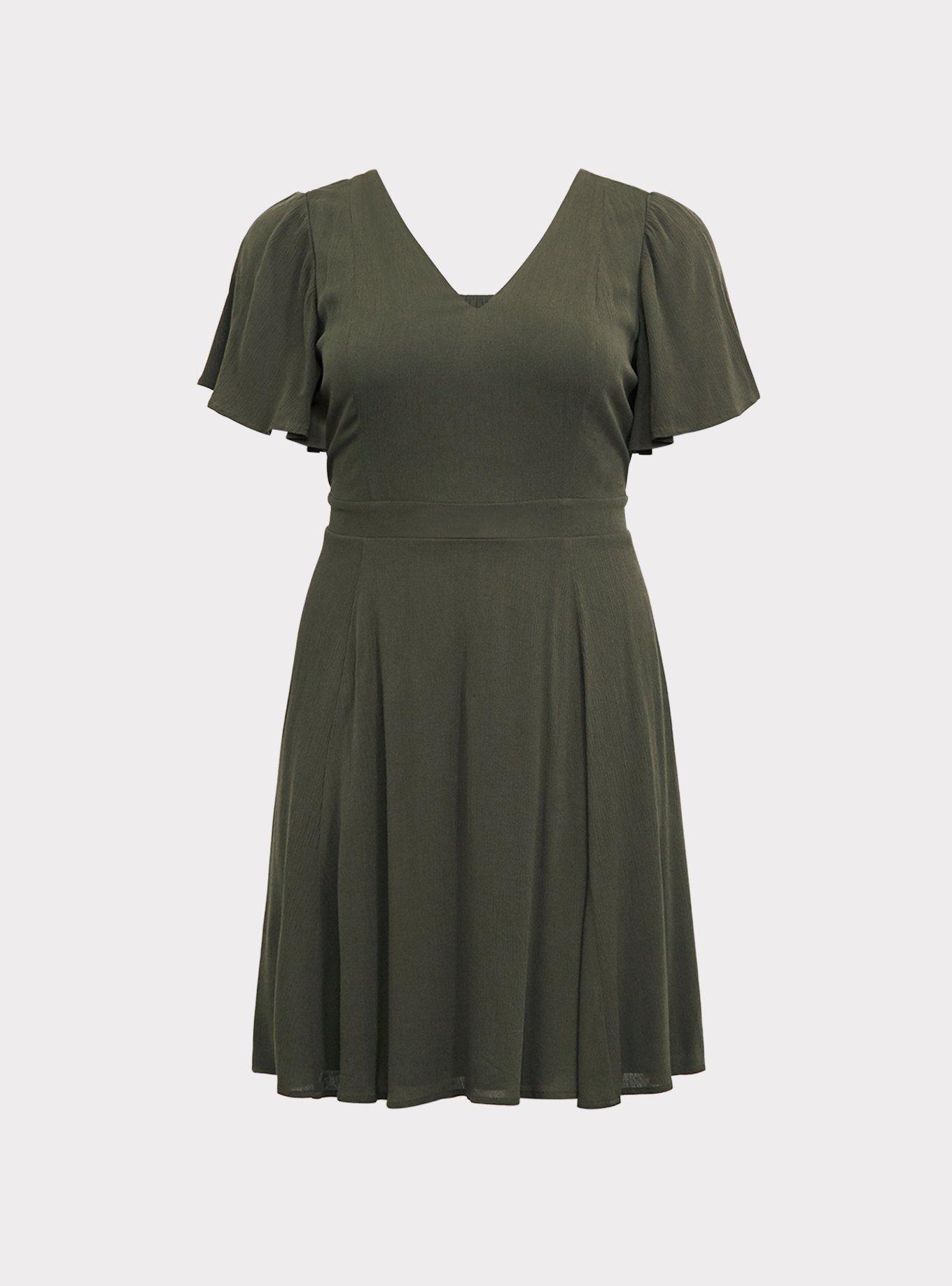 Plus Size - Olive Gauze Flutter Sleeve Skater Dress - Torrid