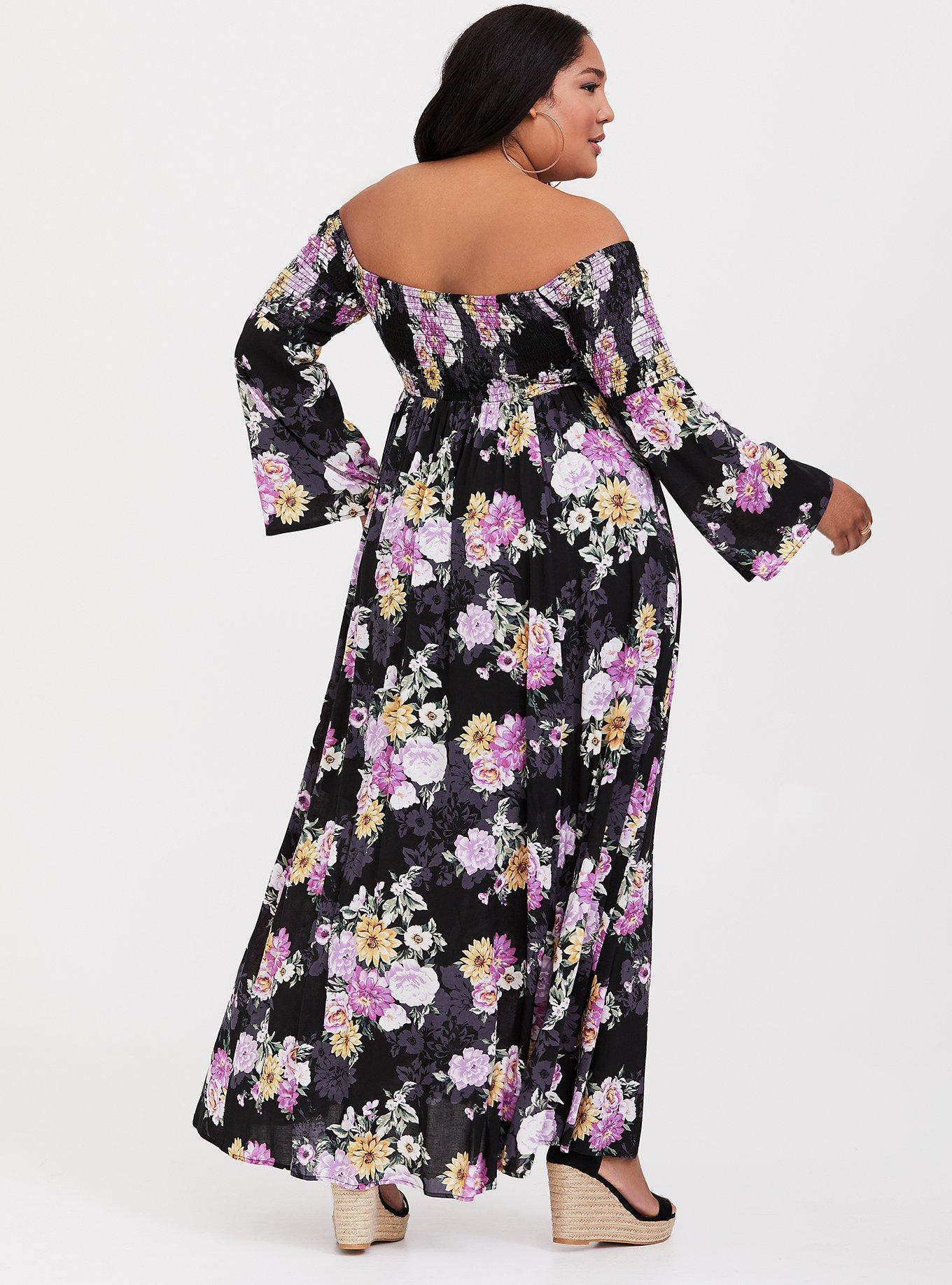 Black Floral Challis Off Shoulder Maxi Dress, BLACK FLORAL, alternate