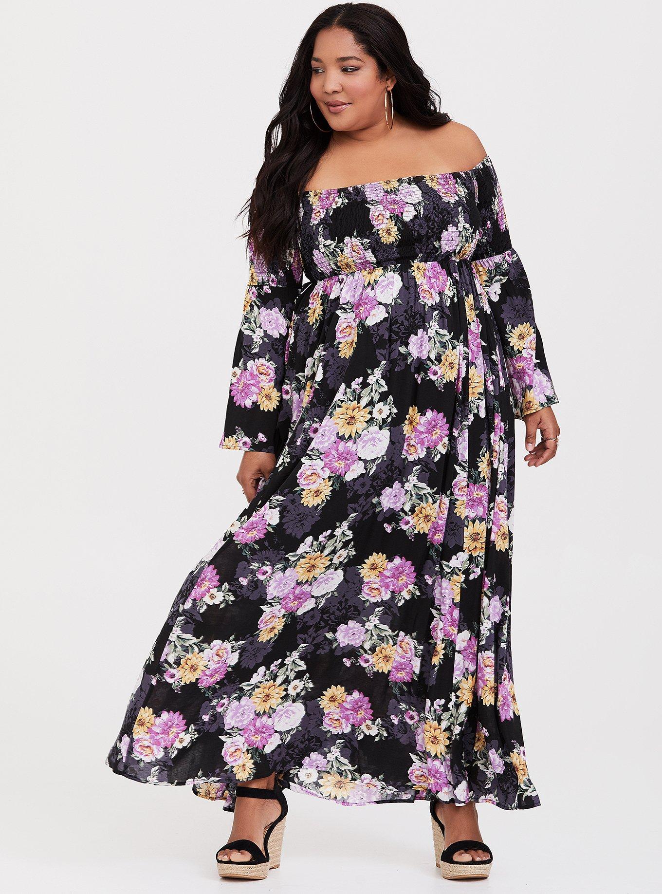 Plus Size - Black Floral Challis Off Shoulder Maxi Dress - Torrid