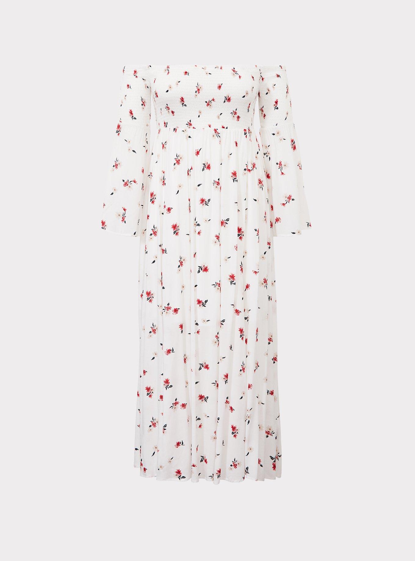 Ivory Floral Challis Off Shoulder Maxi Dress, , hi-res