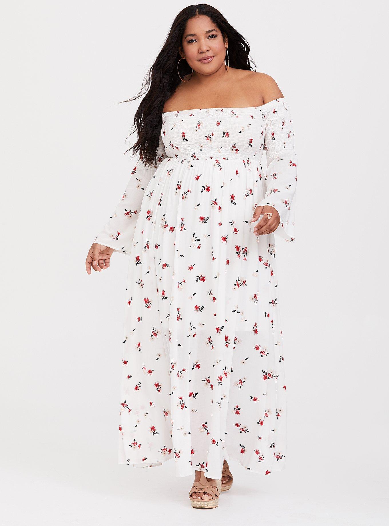 Ivory Floral Challis Off Shoulder Maxi Dress, , hi-res