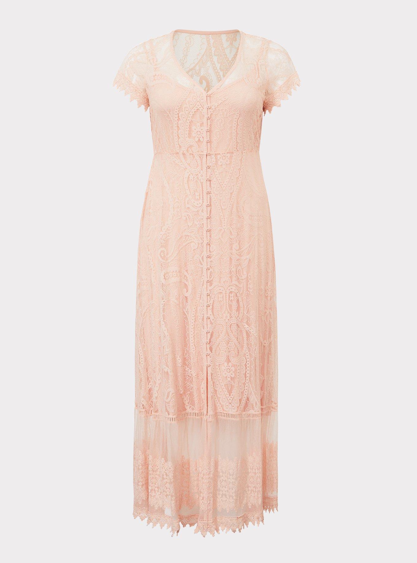 Plus Size - Peach Pink Lace Button Front Maxi Dress - Torrid
