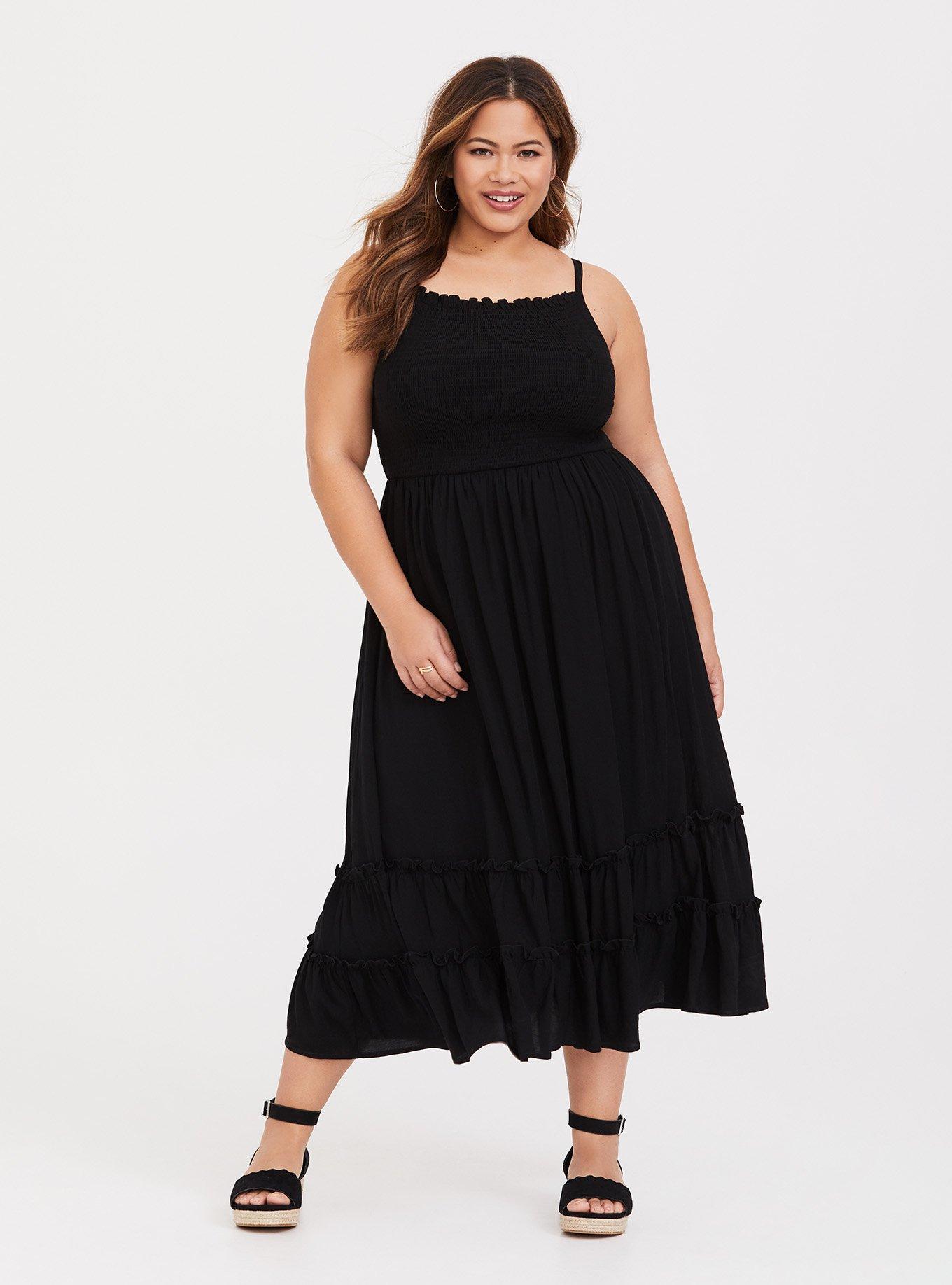 Plus Size - Black Challis Smocked Midi Dress - Torrid