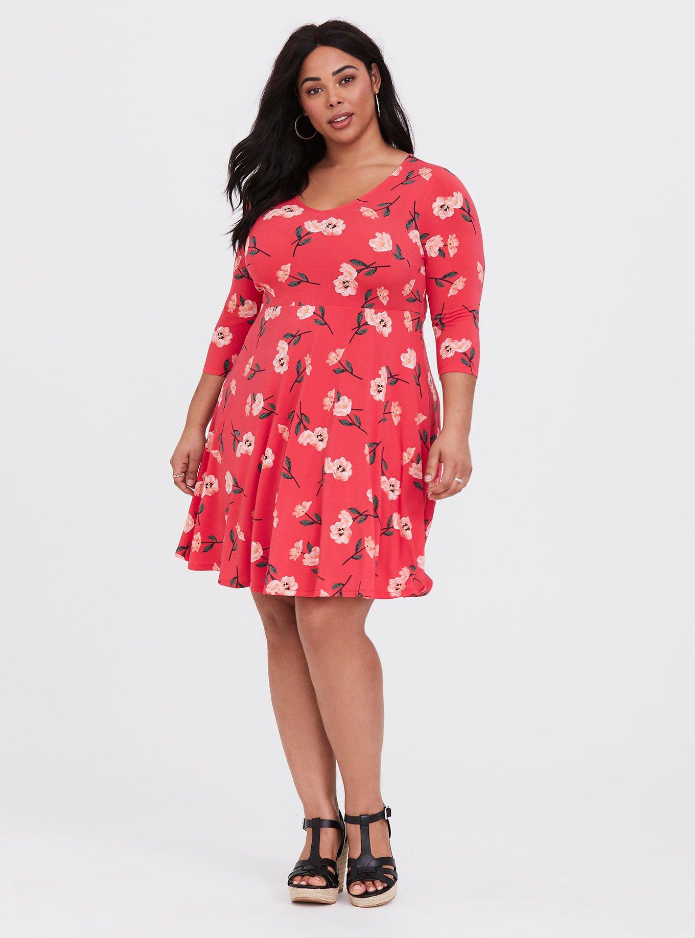 Plus Size Red Floral Studio Knit Skater Dress, NONEC, alternate