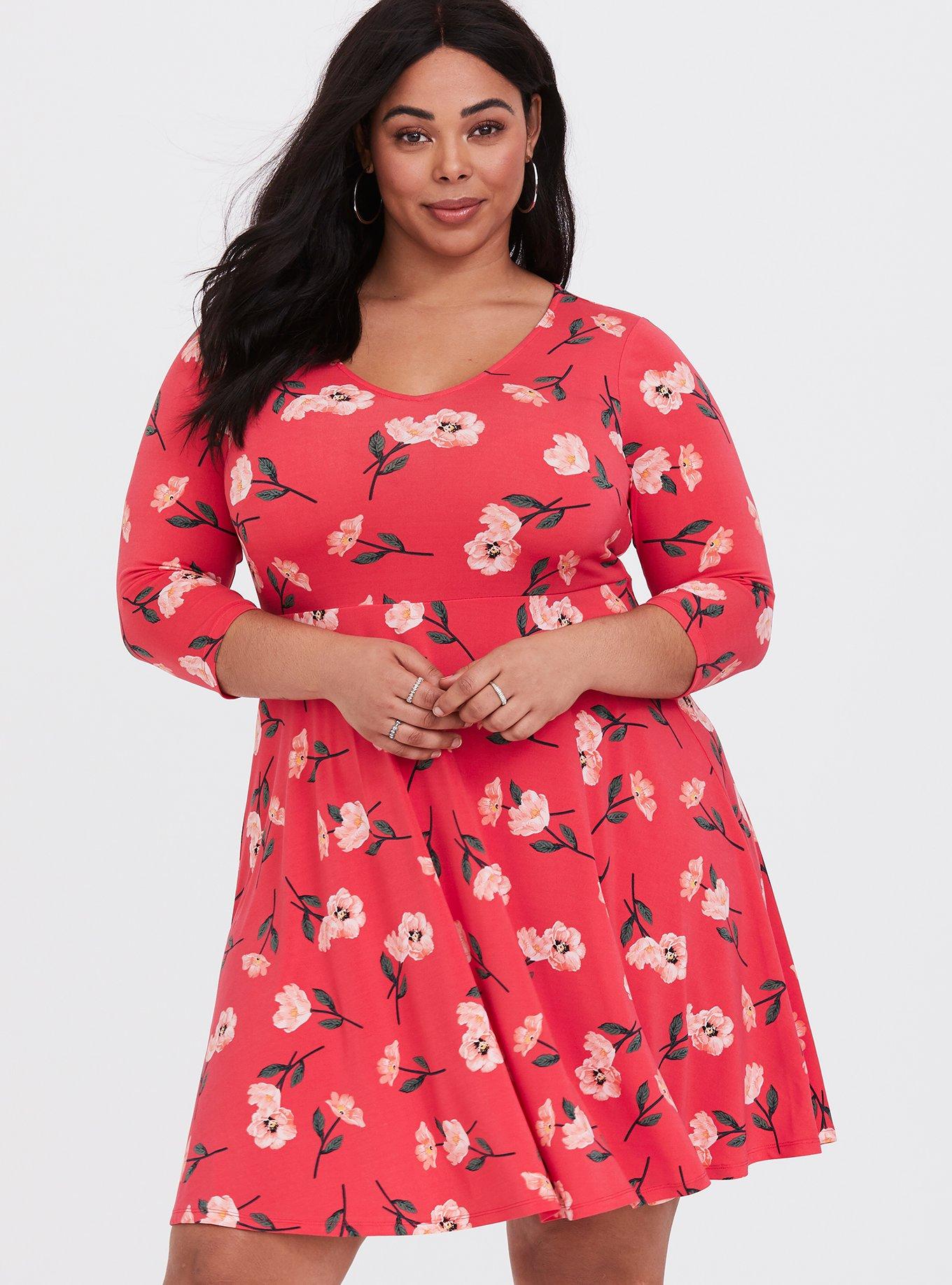 Plus Size - Red Floral Studio Knit Skater Dress - Torrid