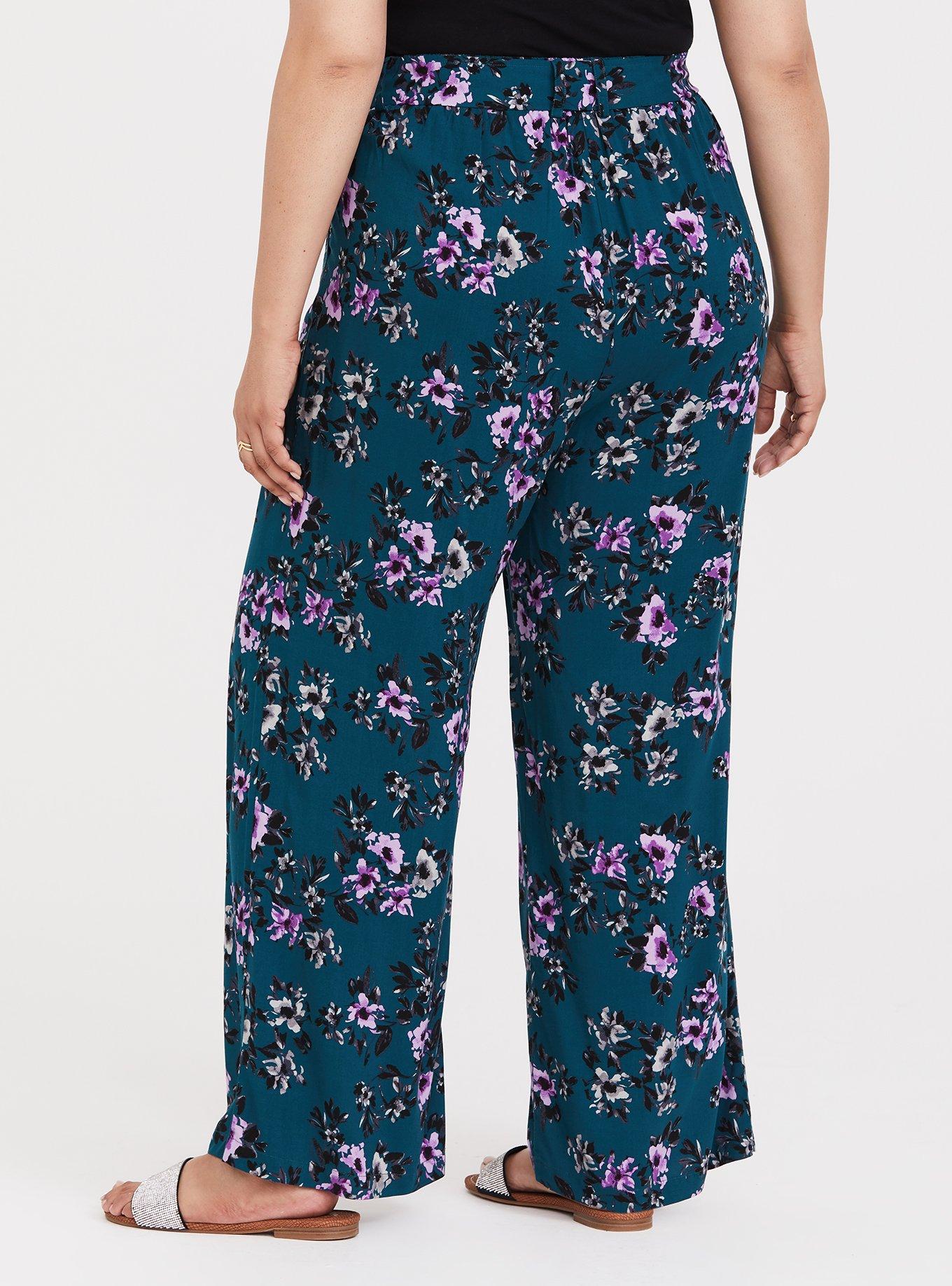 Plus Size Teal Floral Challis Wide Leg Pant, LANETTE FLORAL, alternate