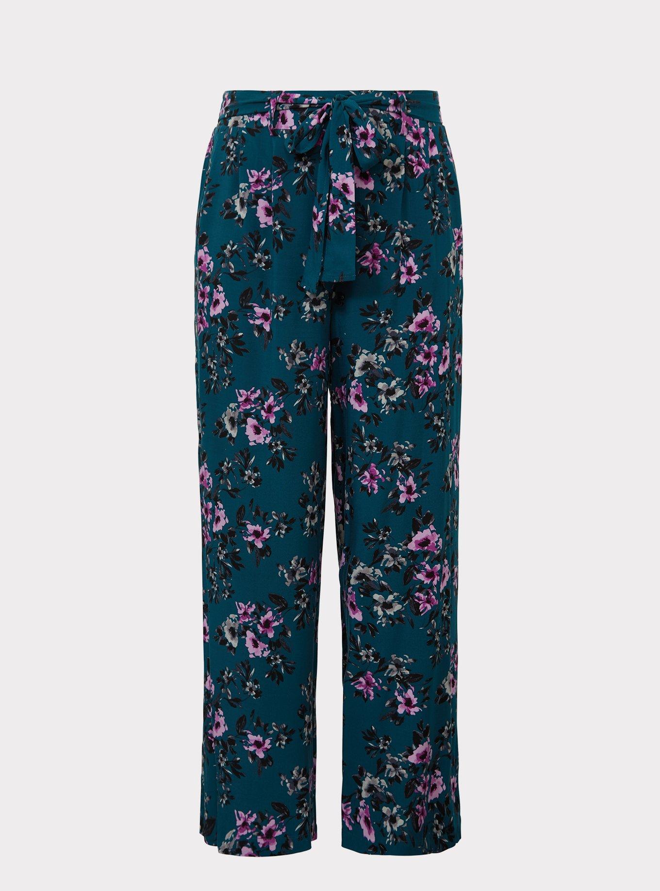 Plus Size Teal Floral Challis Wide Leg Pant, LANETTE FLORAL, hi-res