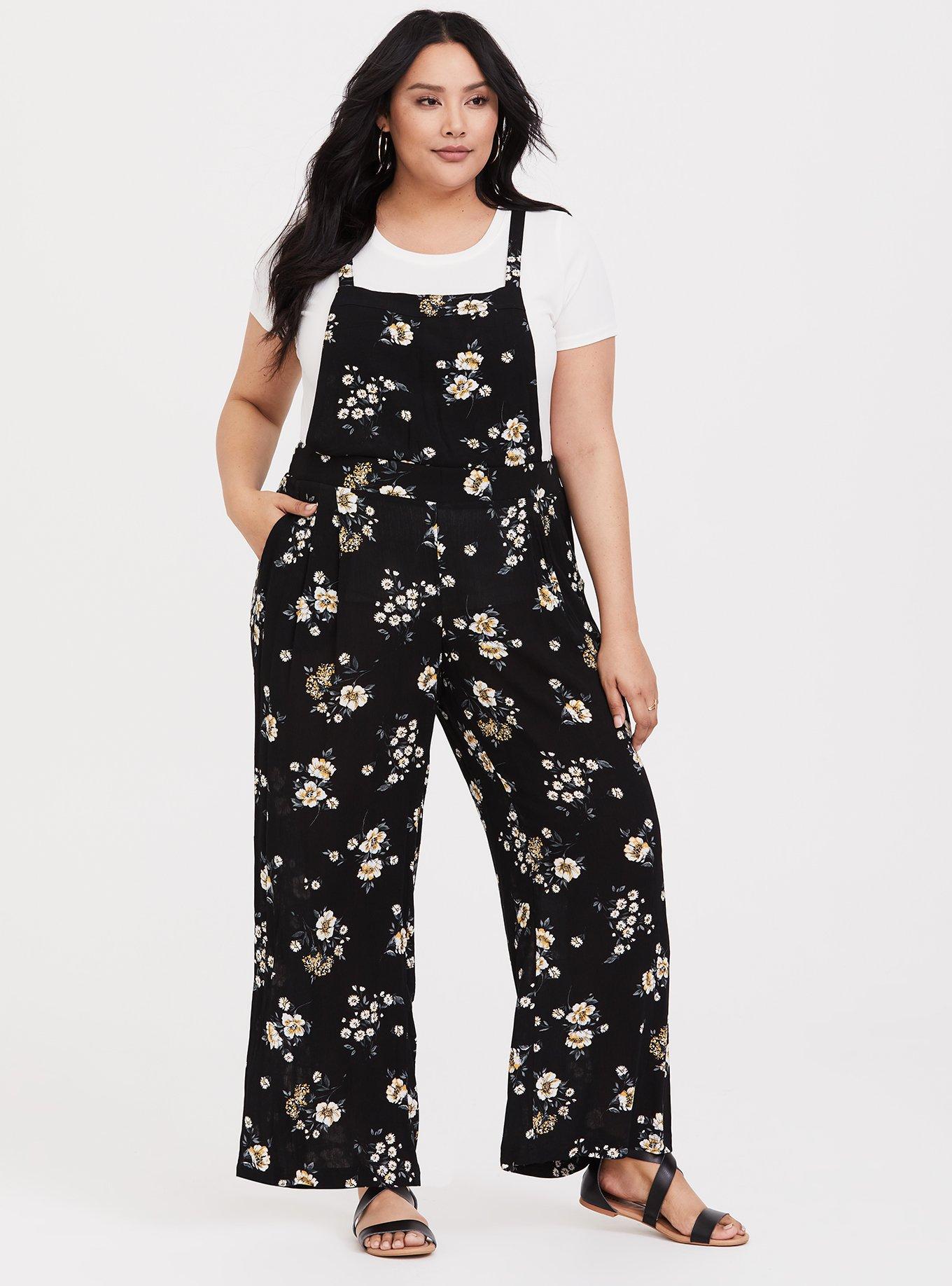 Plus Size - Black Floral Gauze Wide Leg Jumper - Torrid