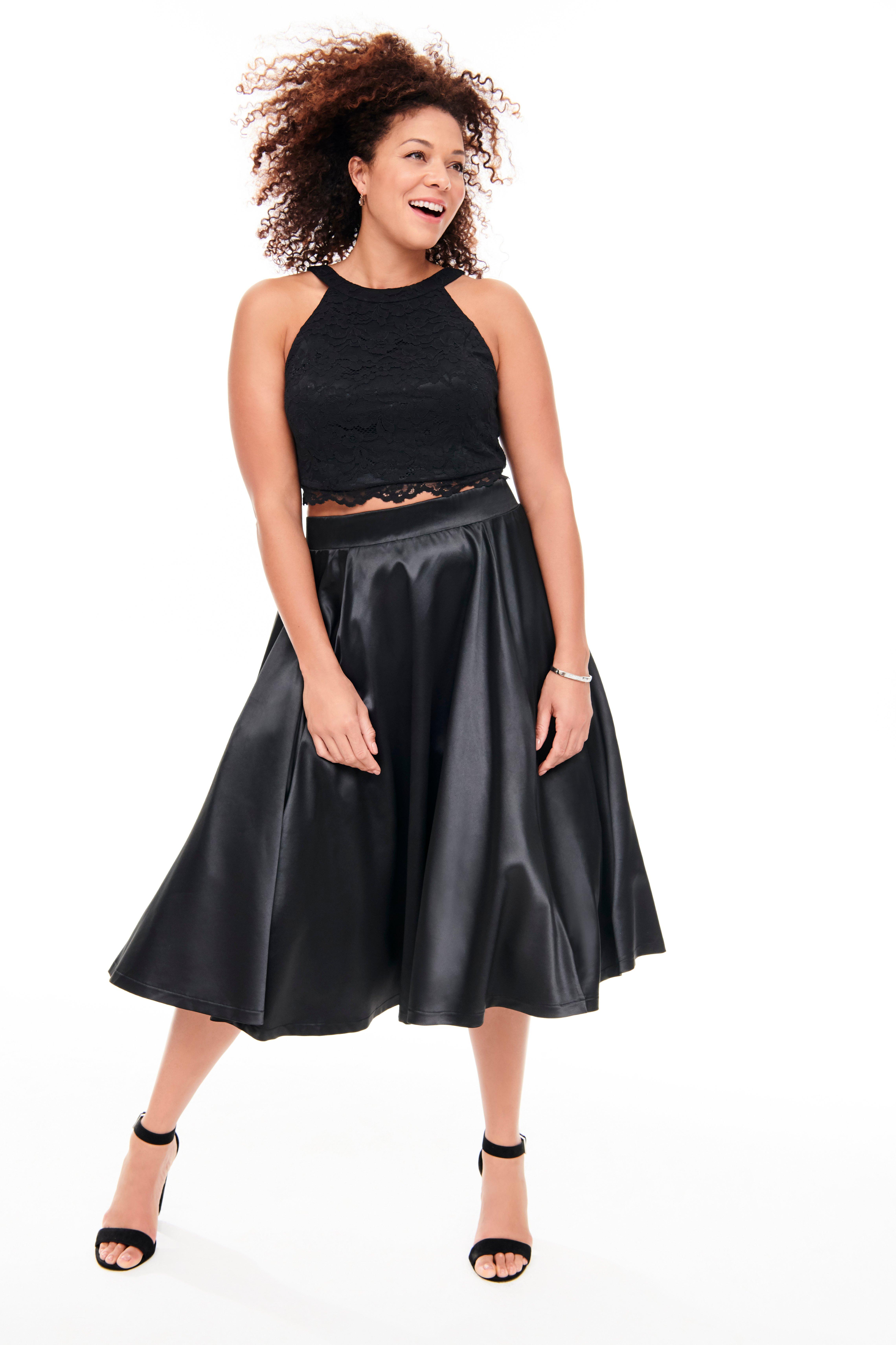 Special Occasion Black Lace & Satin Skirt 2-Piece Set, , hi-res