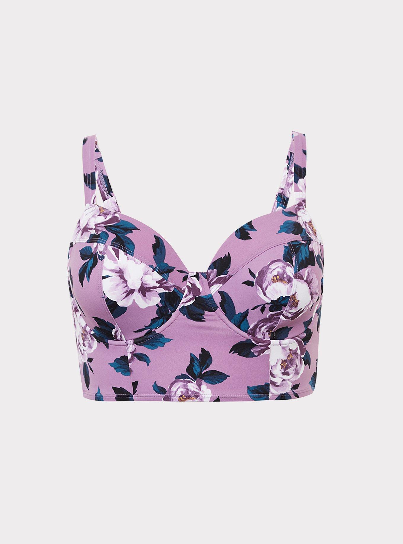 Plus Size Lavender Purple Floral Cut & Sew Bikini Top, , hi-res