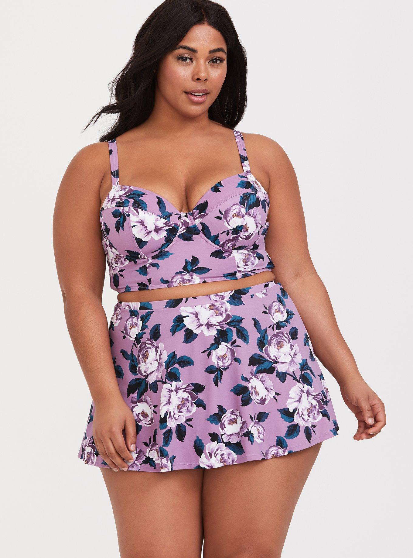 Plus Size Lavender Purple Floral Cut & Sew Bikini Top, , hi-res