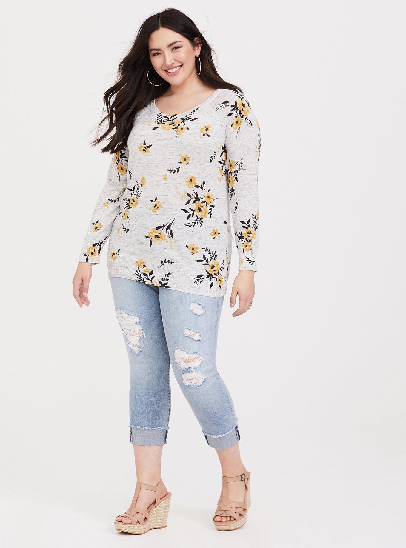 Plus Size Pullover Scoop Neck Raglan Sweater, GREY FLORAL PRINT, alternate