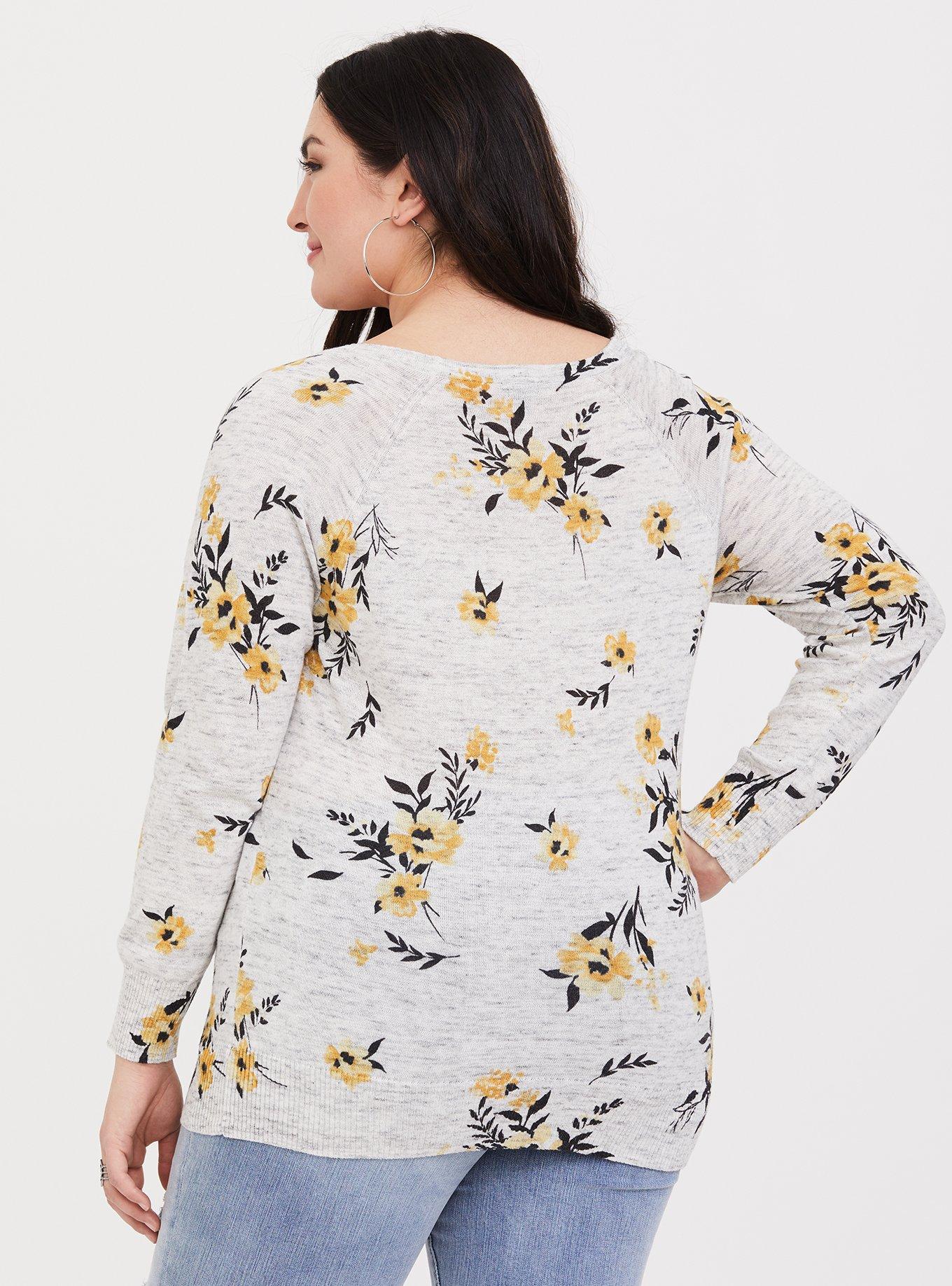 Plus Size Pullover Scoop Neck Raglan Sweater, GREY FLORAL PRINT, alternate