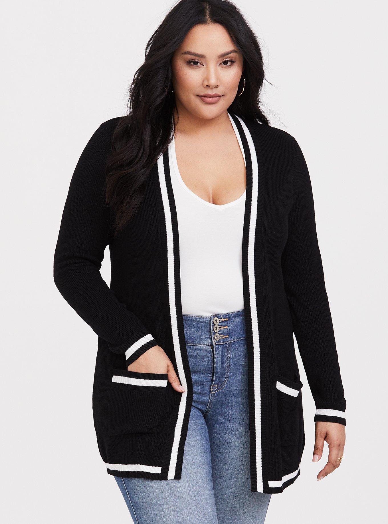 Plus Size Black Ribbed Varsity Cardigan Torrid