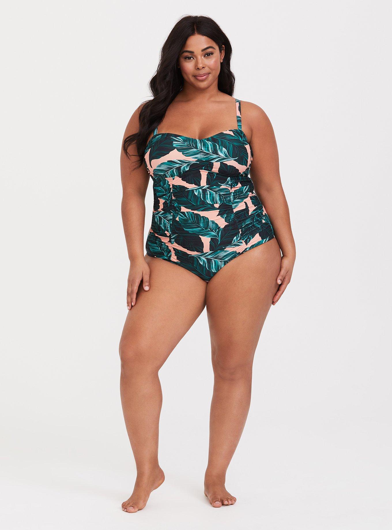 Plus Size Peach Palm Ruched One-Piece Swimsuit, PEACH PALMS, alternate