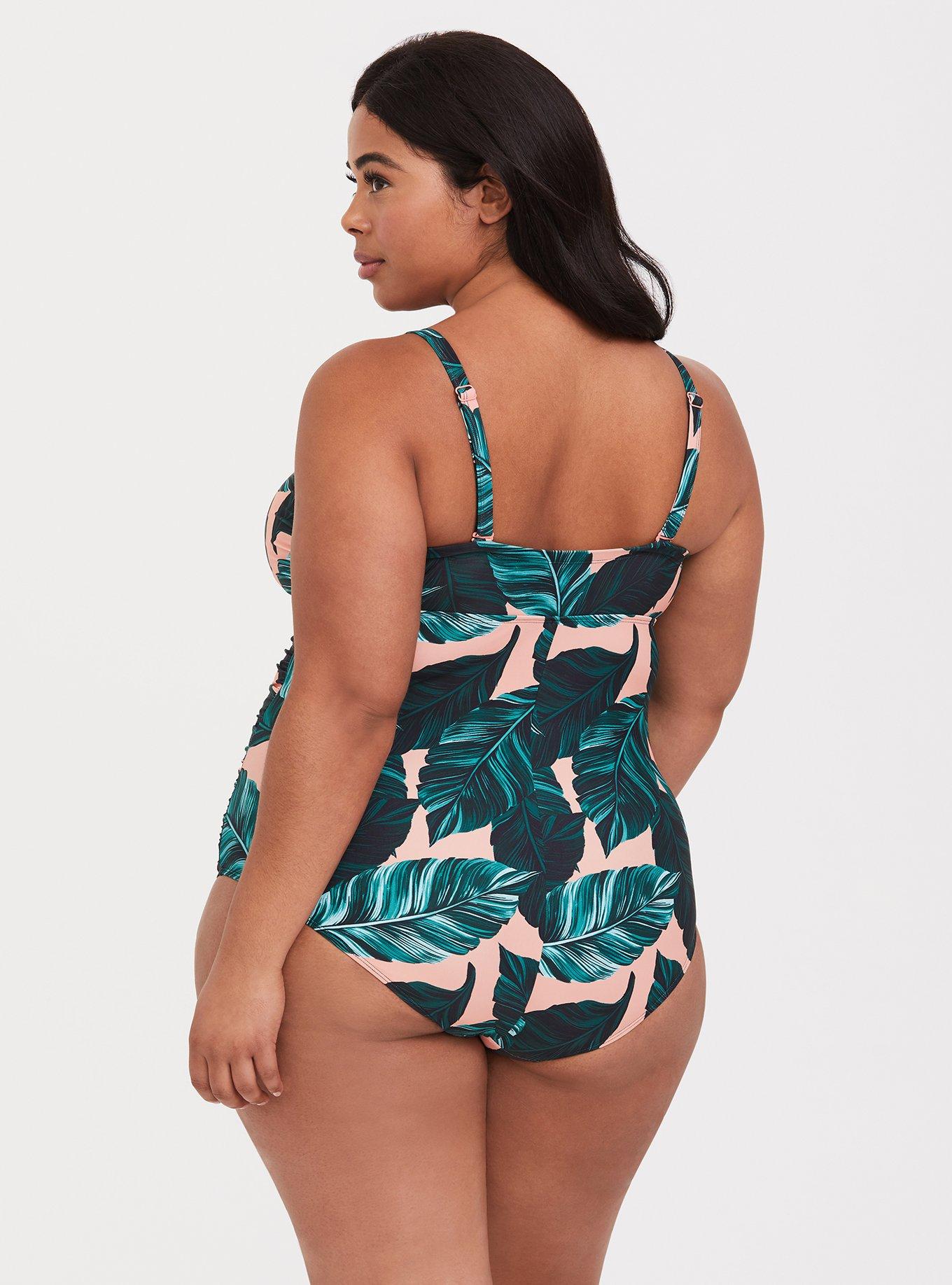 Plus Size Peach Palm Ruched One-Piece Swimsuit, PEACH PALMS, alternate