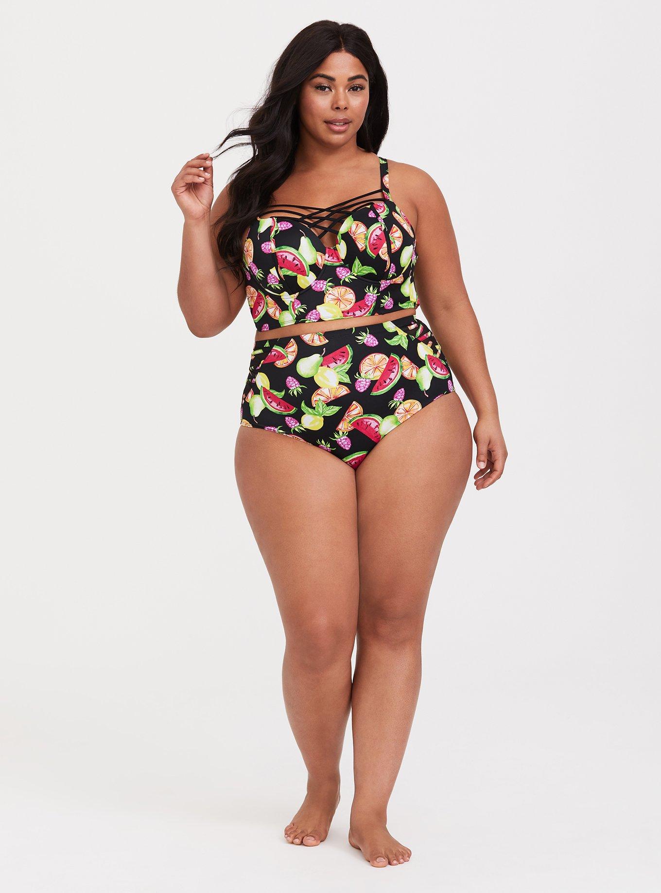 Plus Size - Black & Multi Fruit Lattice Push-Up Balconette Bikini