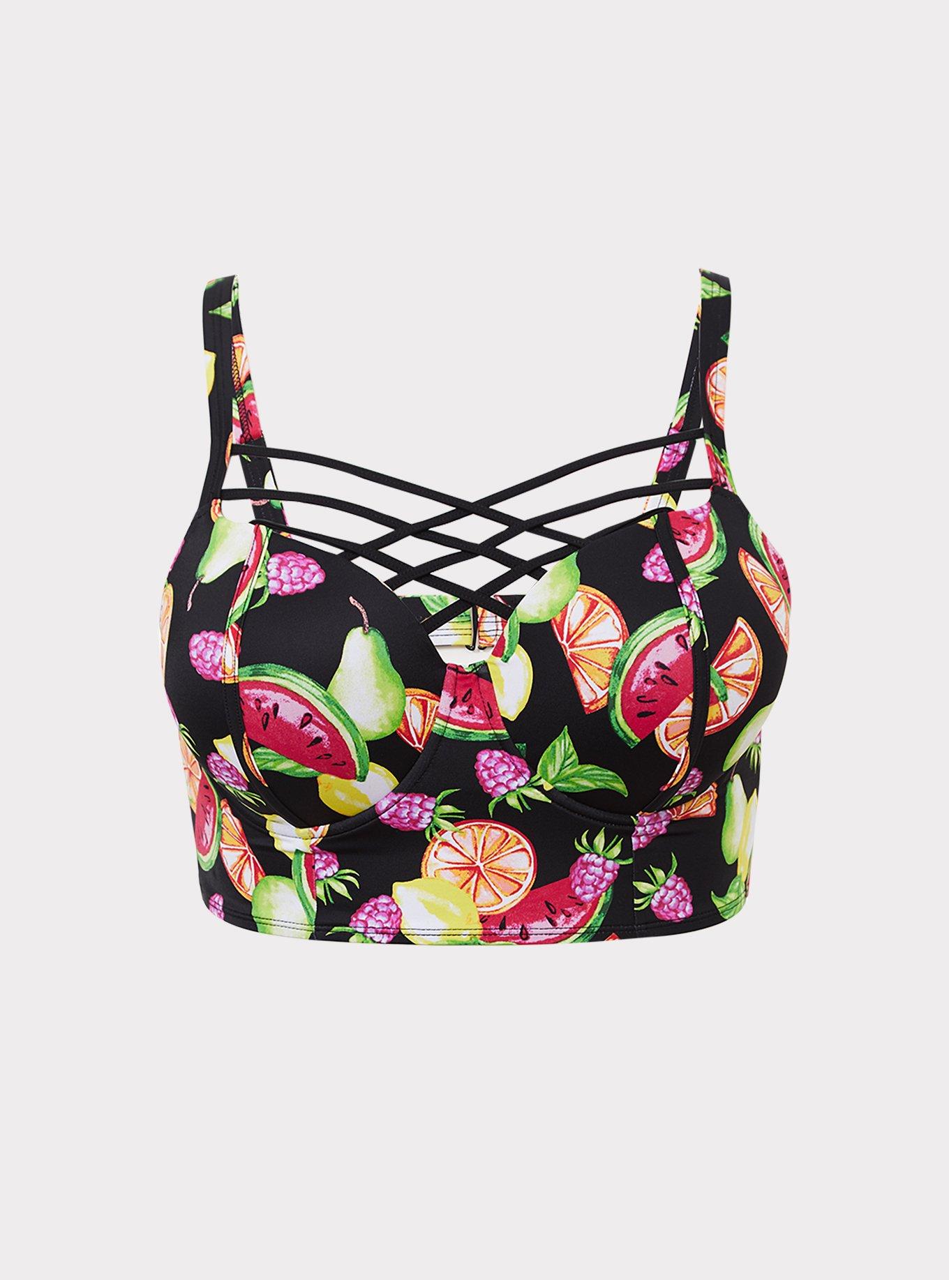 Plus Size - Black & Multi Fruit Lattice Push-Up Balconette Bikini