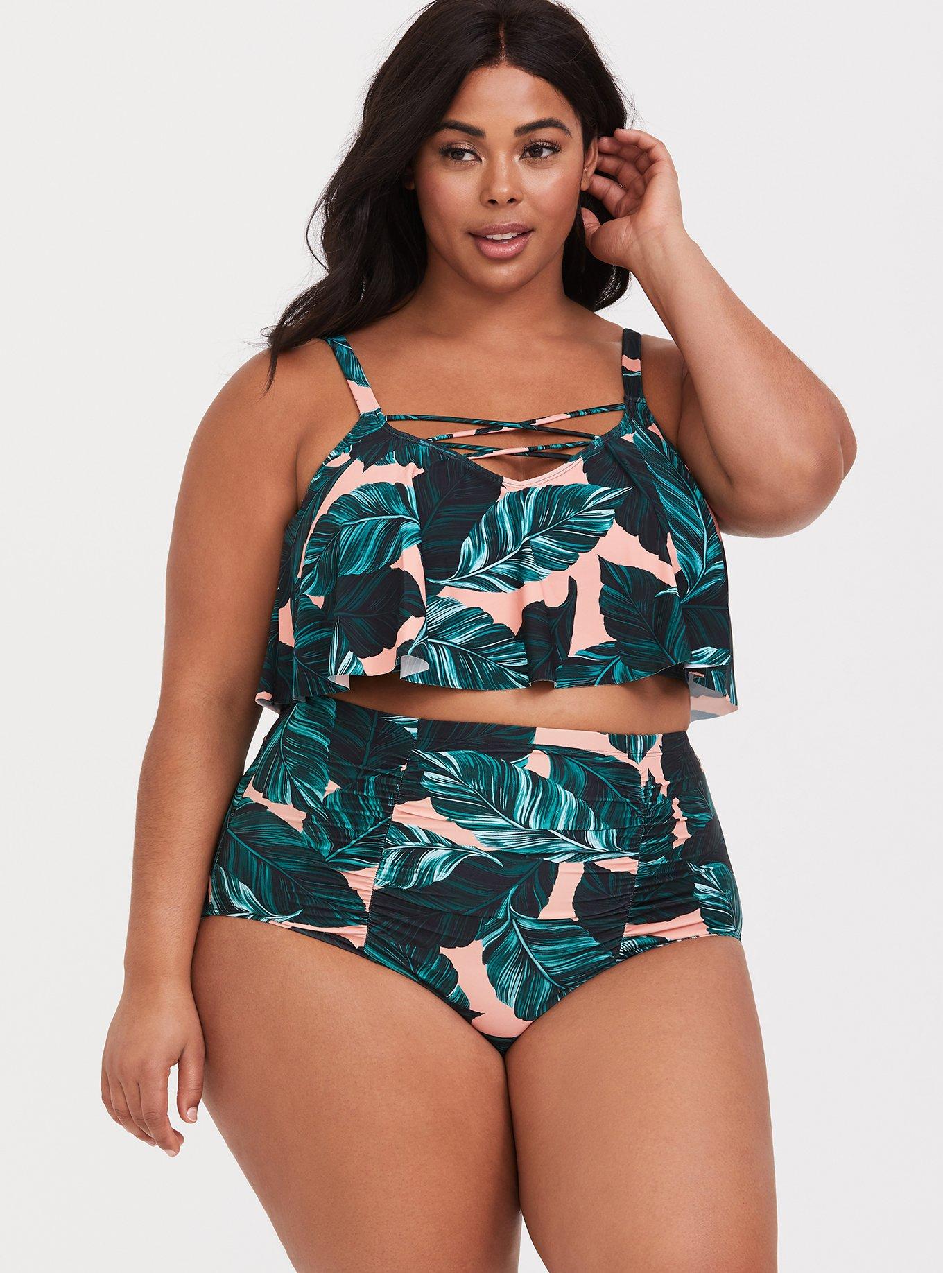 Plus Size - Peach Pink Leaf Strappy Flounce Wireless Bikini Top - Torrid