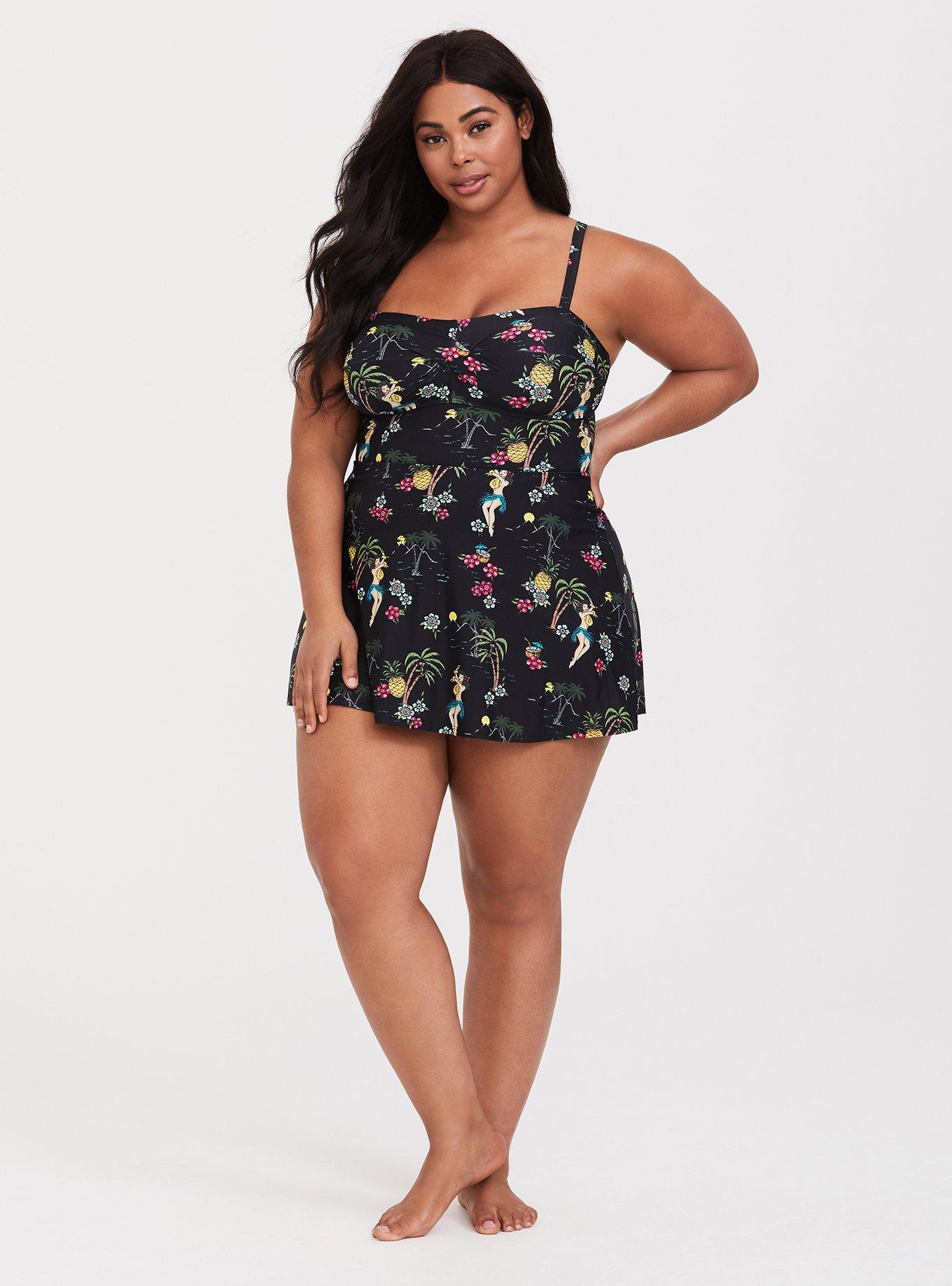 Plus Size Black Hula Girl Wireless One-Piece Swim Dress, HULA GIRL, alternate