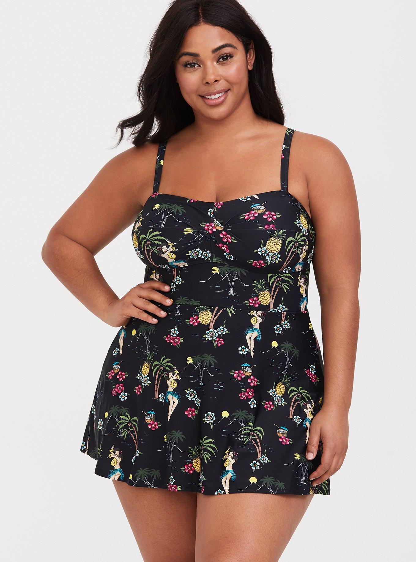 Plus Size - Black Hula Girl Wireless One-Piece Swim Dress - Torrid